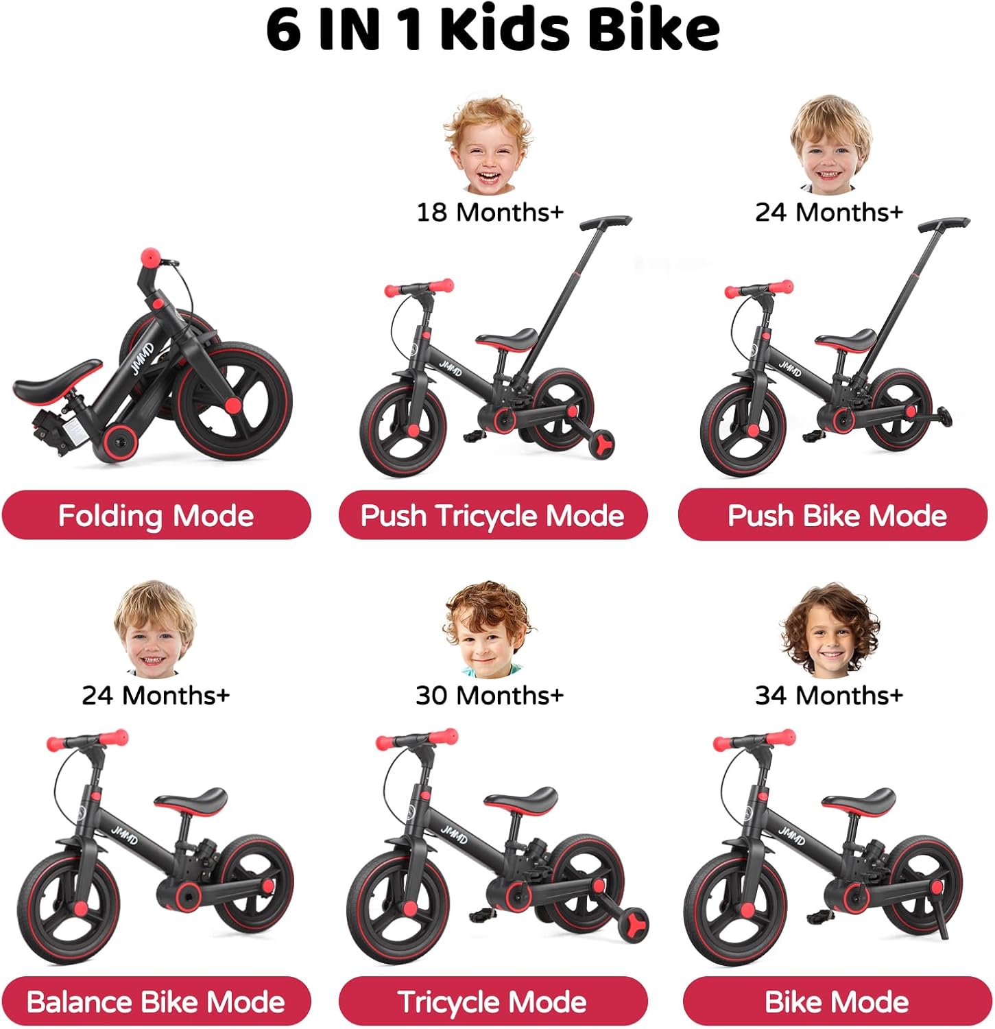 6 in 1 Toddler Bike with Push Handle for Kids