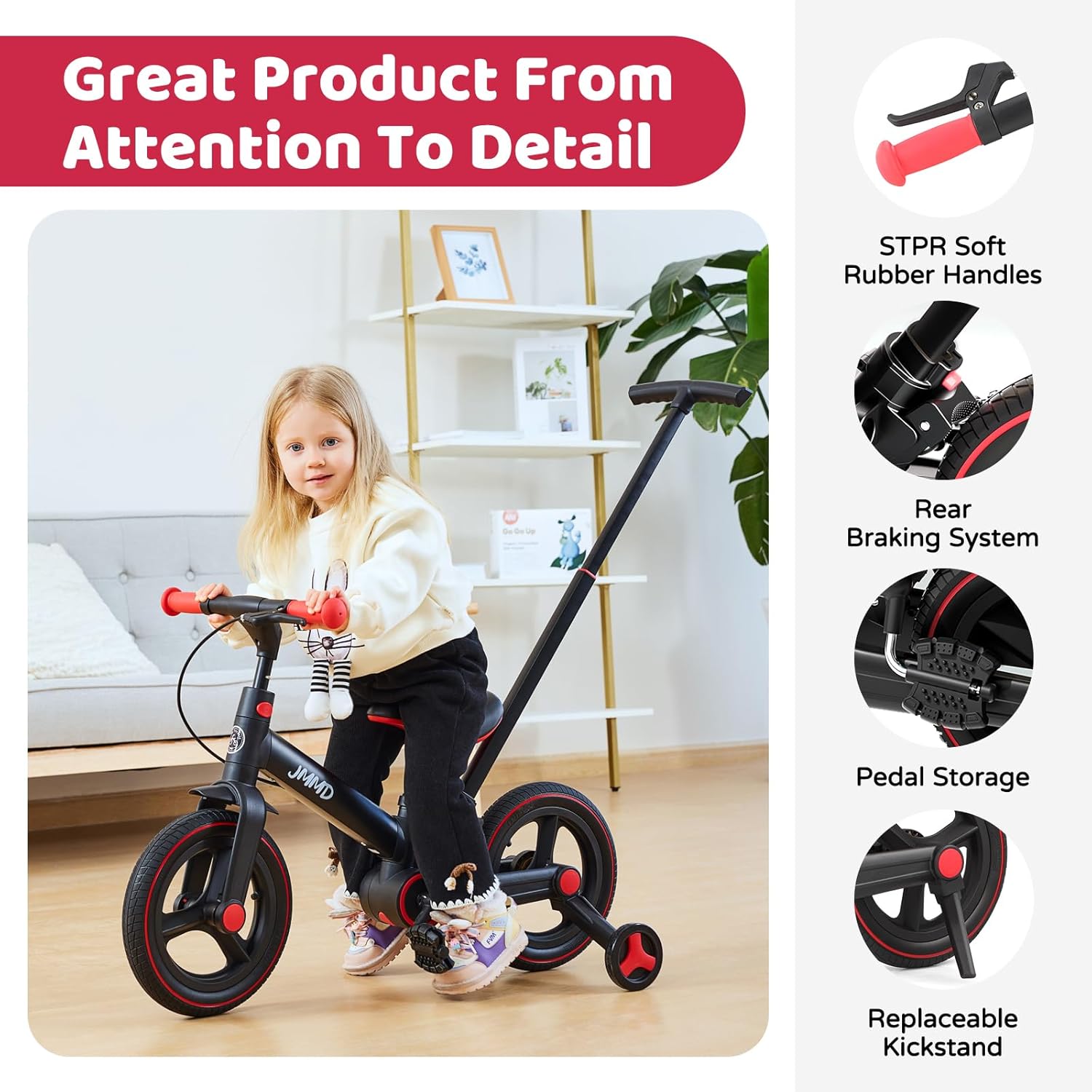 6 in 1 Toddler Bike with Push Handle for Kids