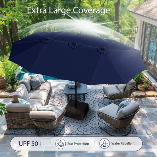 Alpha Joy 15ft Extra Large Outdoor Patio Double-Sided Umbrella with Solar Lights & Umbrella Base
