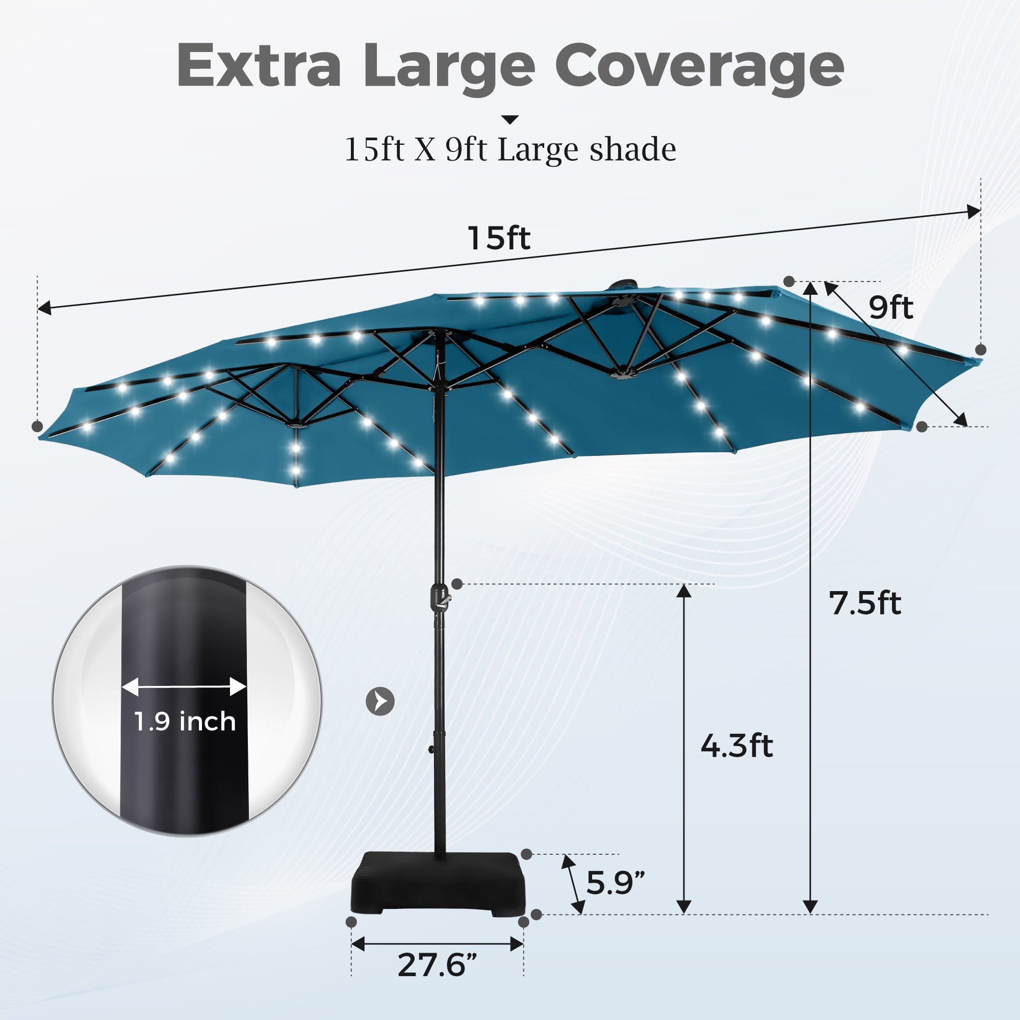 Alpha Joy 15ft Extra Large Outdoor Patio Double-Sided Umbrella with Solar Lights & Umbrella Base