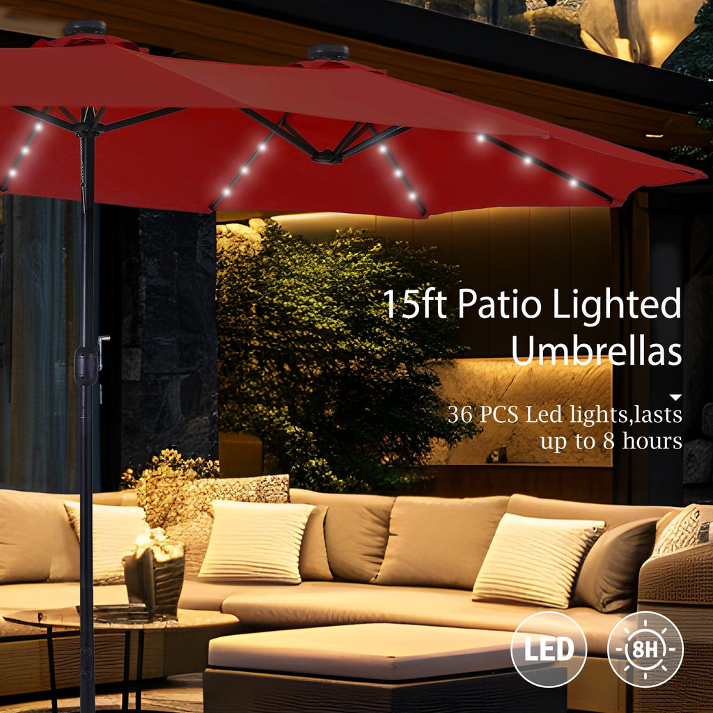 Alpha Joy 15ft Extra Large Outdoor Patio Double-Sided Umbrella with Solar Lights & Umbrella Base