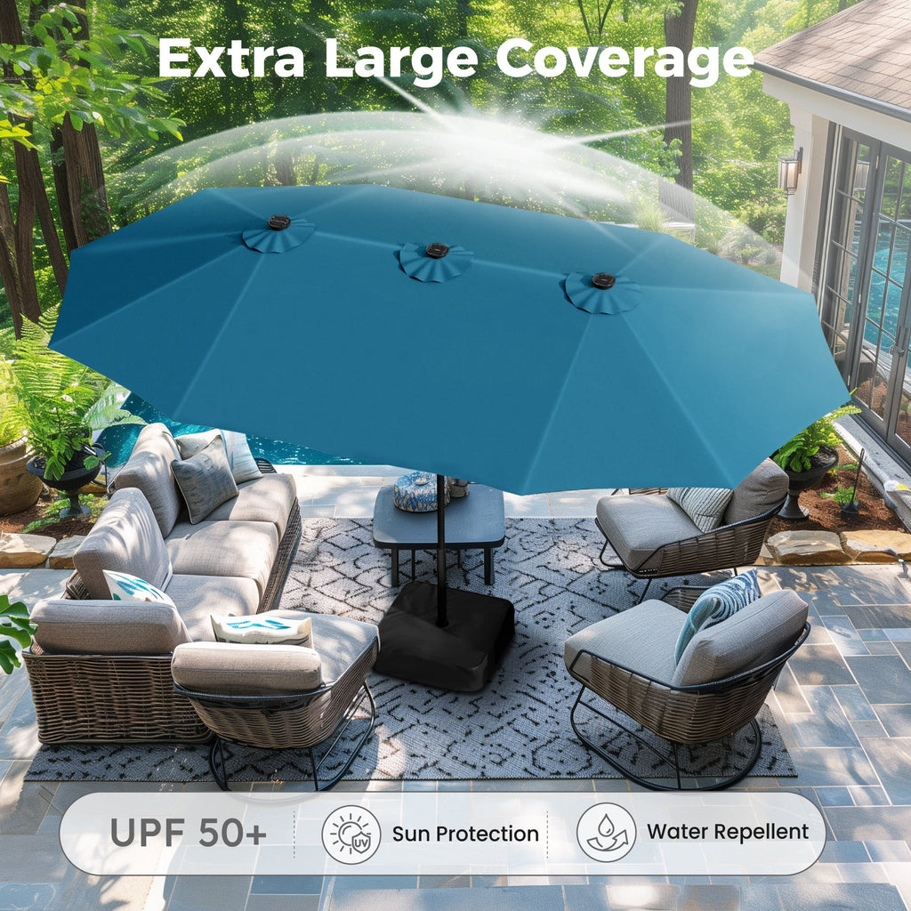 Alpha Joy 15ft Extra Large Outdoor Patio Double-Sided Umbrella with Solar Lights & Umbrella Base