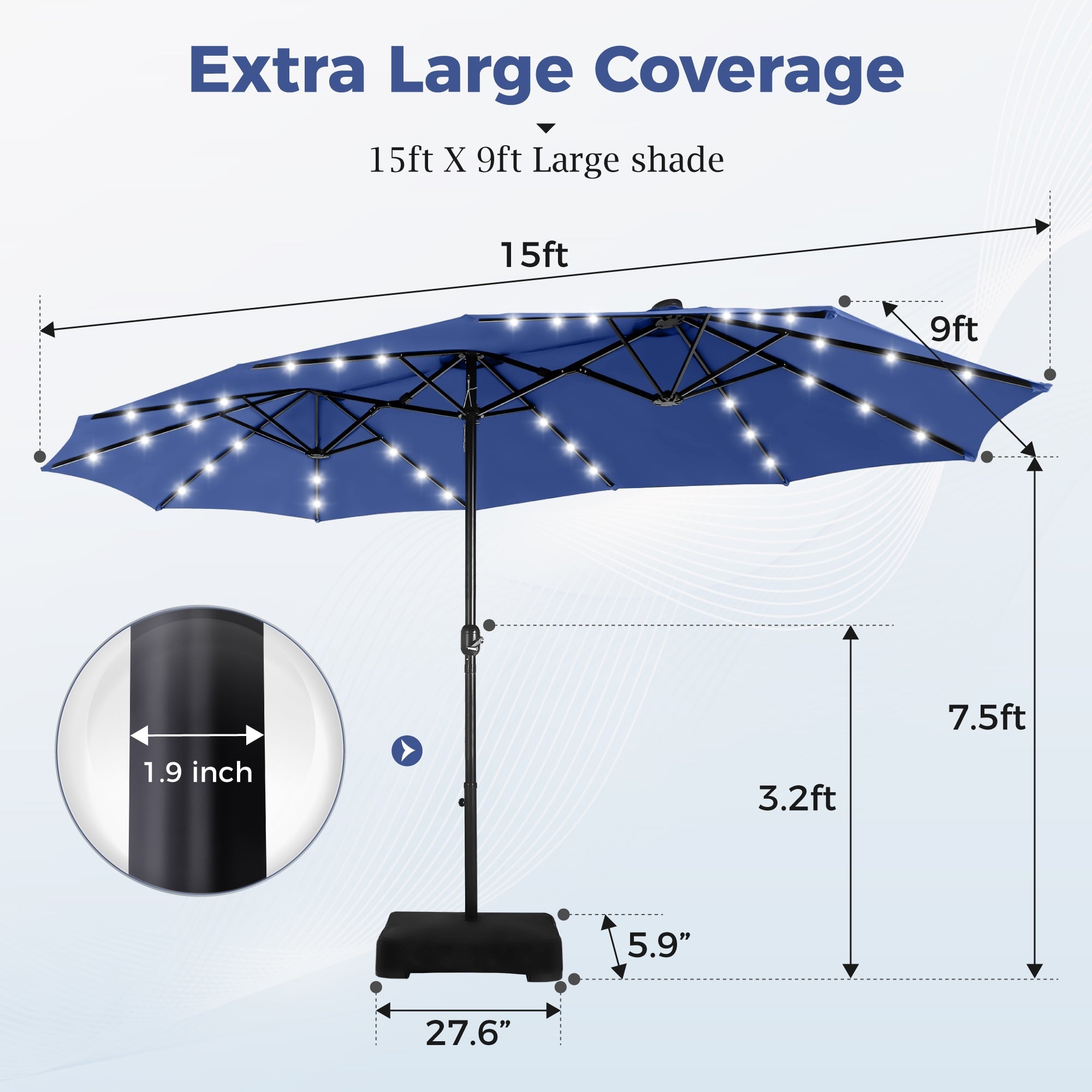 Alpha Joy 15ft Extra Large Outdoor Patio Double-Sided Umbrella with Solar Lights & Umbrella Base