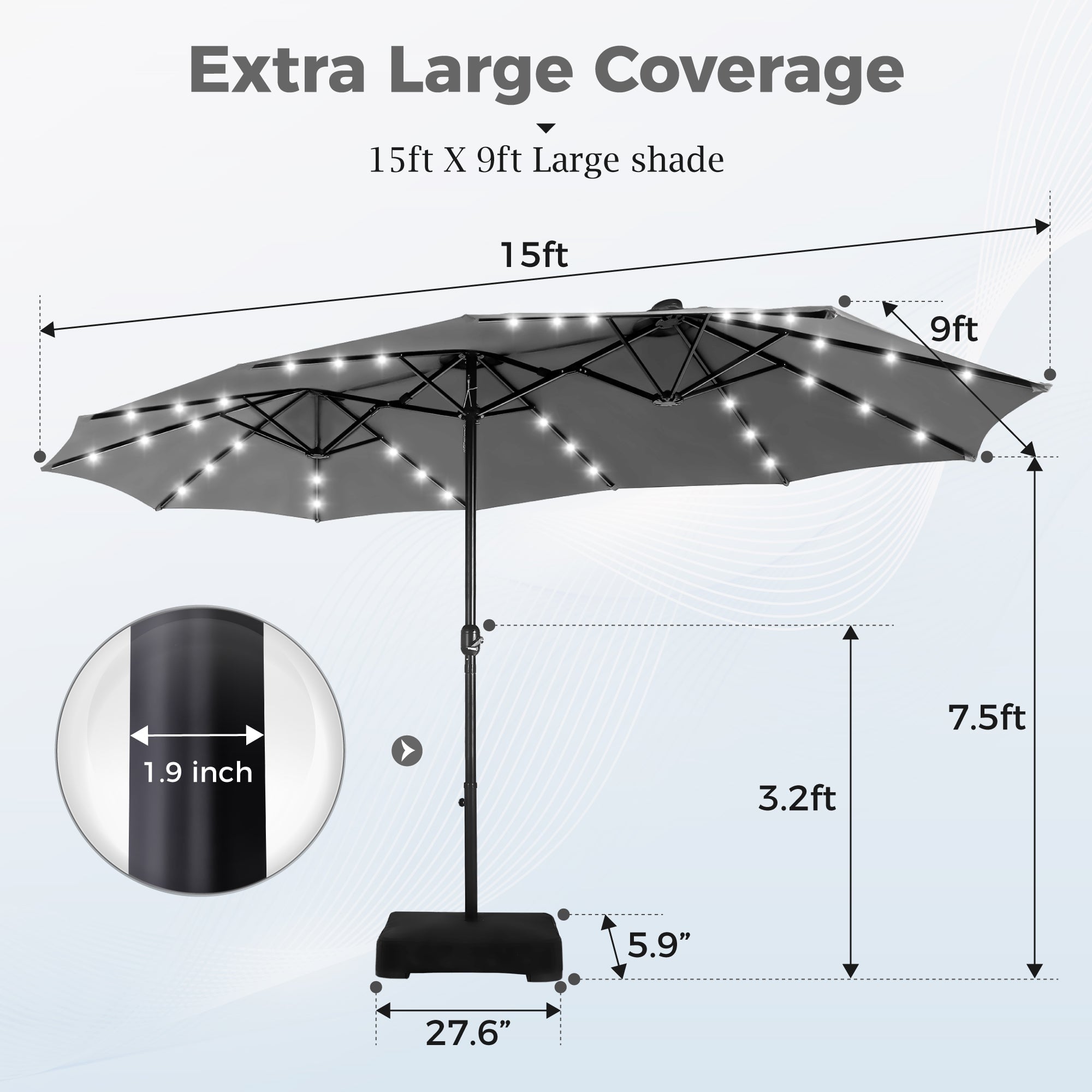 Alpha Joy 15ft Extra Large Outdoor Patio Double-Sided Umbrella with Solar Lights & Umbrella Base