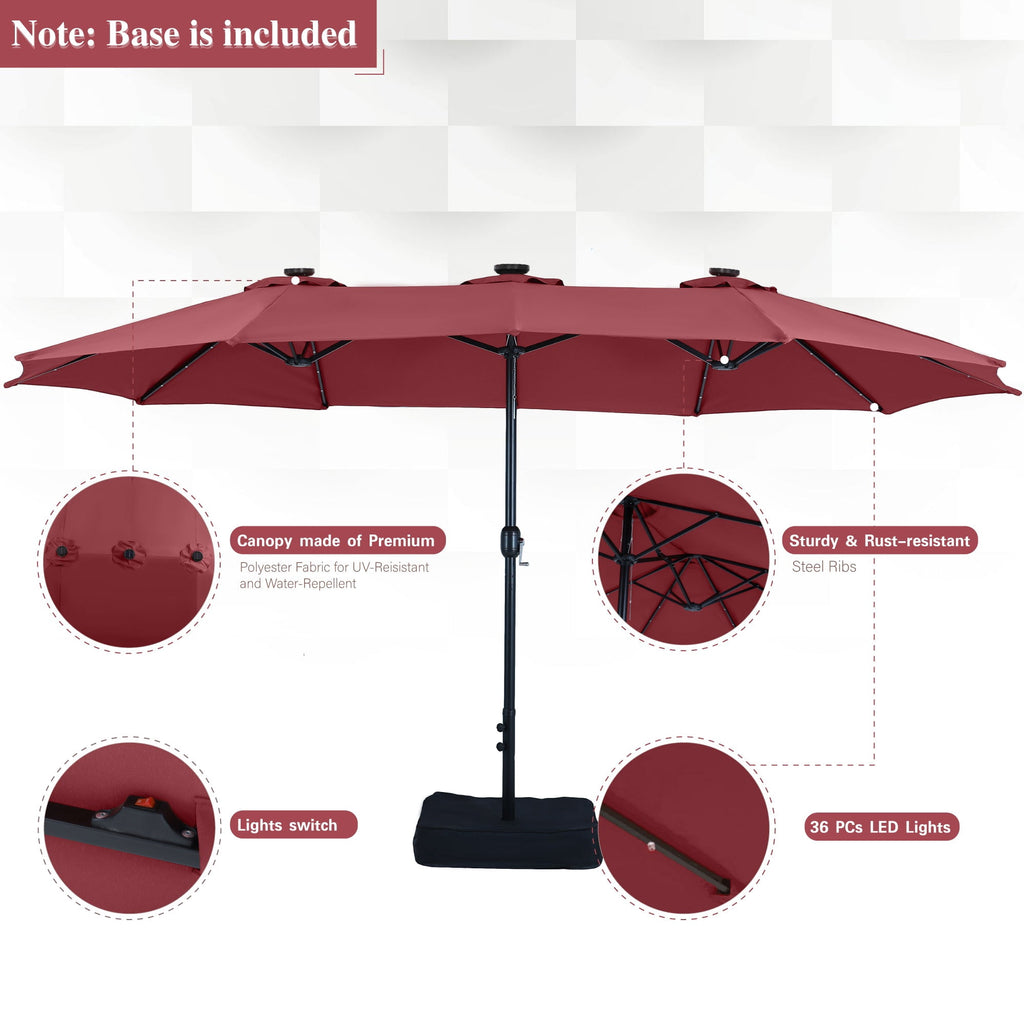 Alpha Joy 15ft Extra Large Outdoor Patio Double-Sided Umbrella with Solar Lights & Umbrella Base