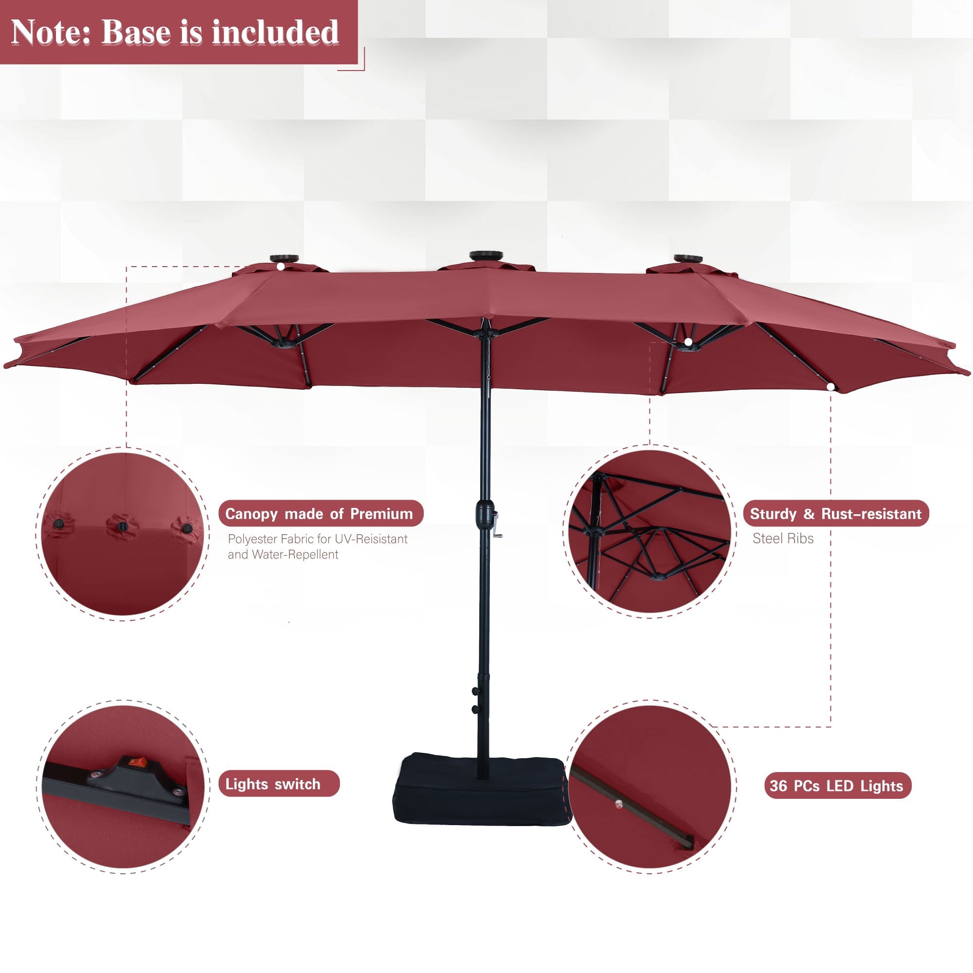 Alpha Joy 15ft Extra Large Outdoor Patio Double-Sided Umbrella with Solar Lights & Umbrella Base