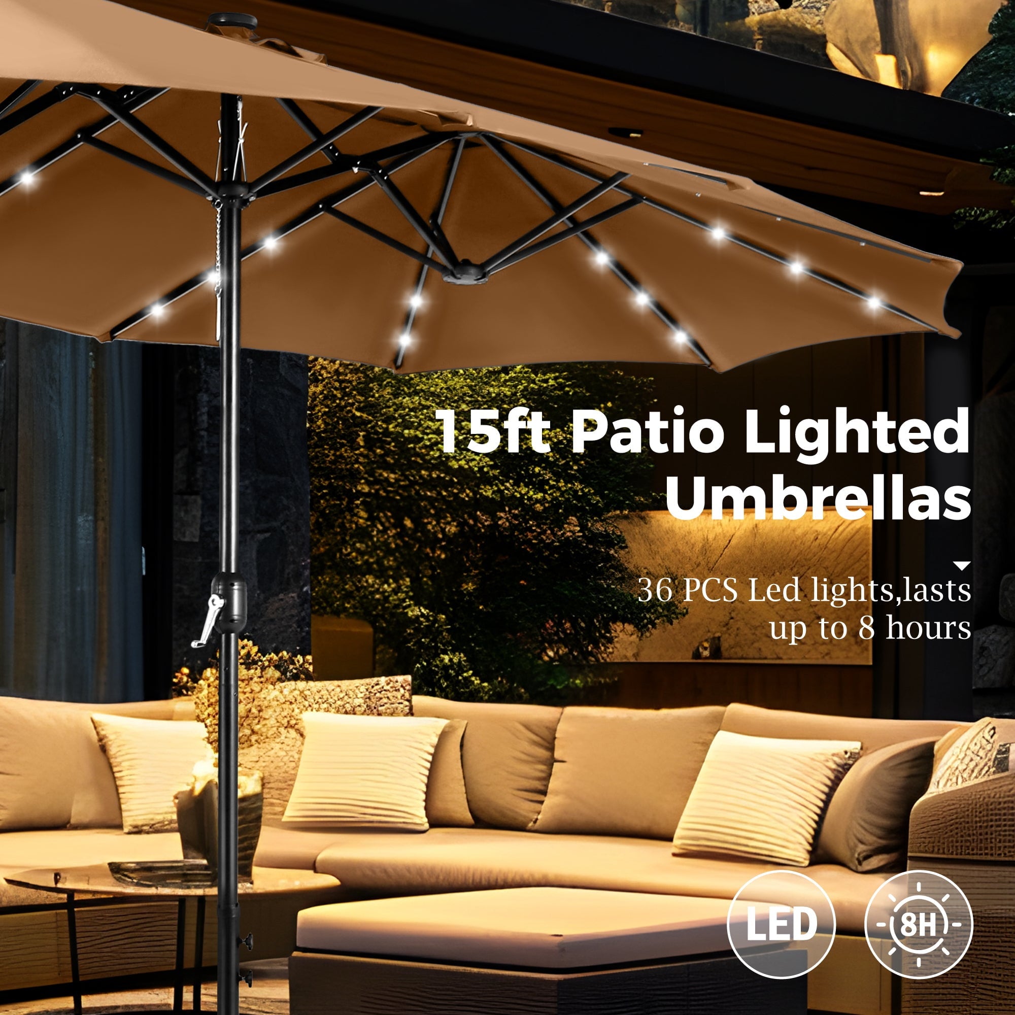 Alpha Joy 15ft Extra Large Outdoor Patio Double-Sided Umbrella with Solar Lights & Umbrella Base