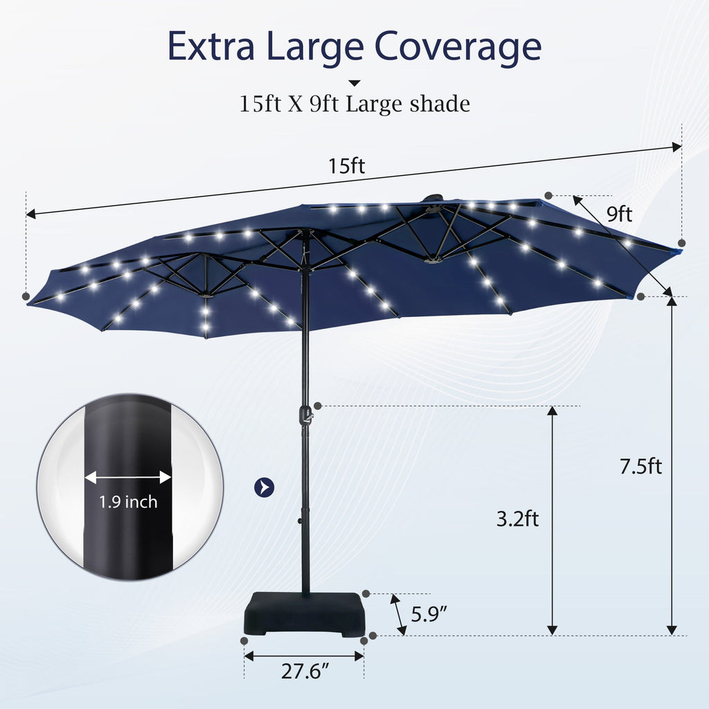 Alpha Joy 15ft Extra Large Outdoor Patio Double-Sided Umbrella with Solar Lights & Umbrella Base