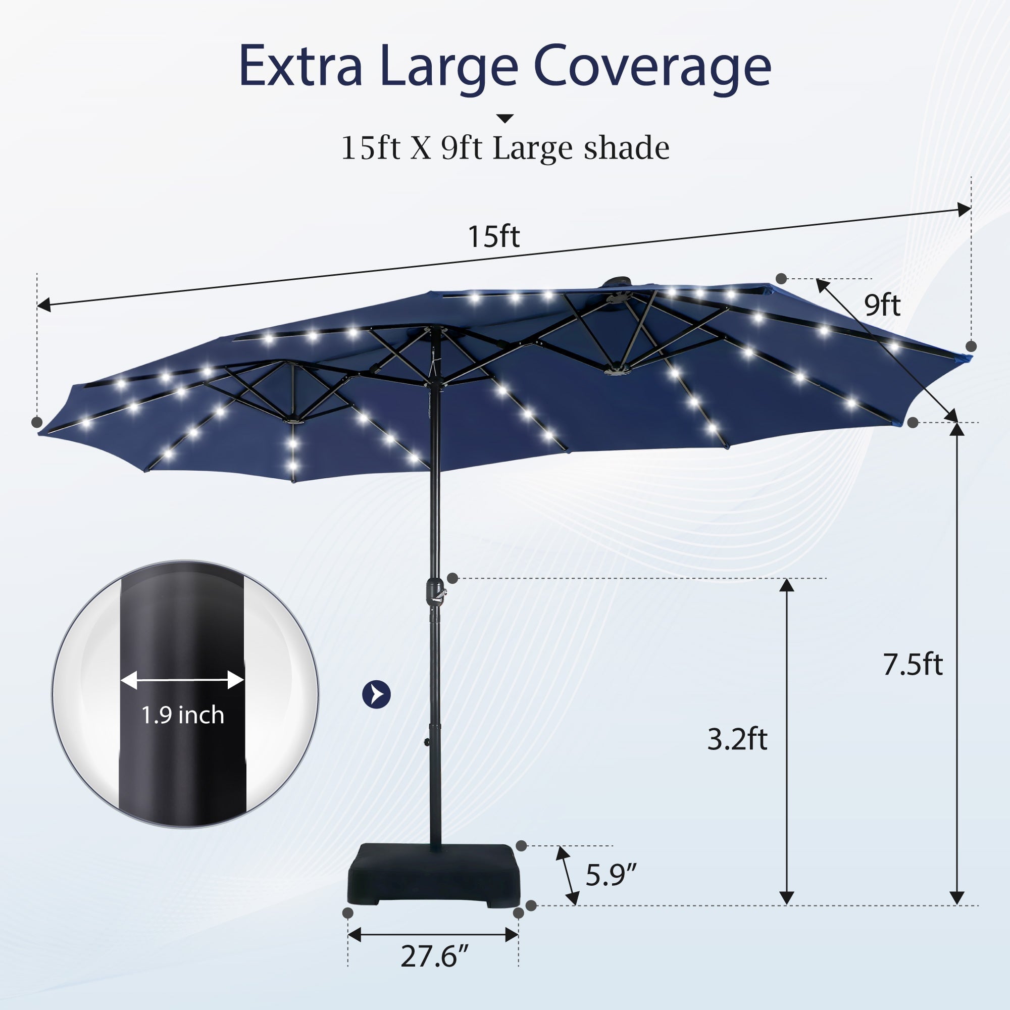 Alpha Joy 15ft Extra Large Outdoor Patio Double-Sided Umbrella with Solar Lights & Umbrella Base