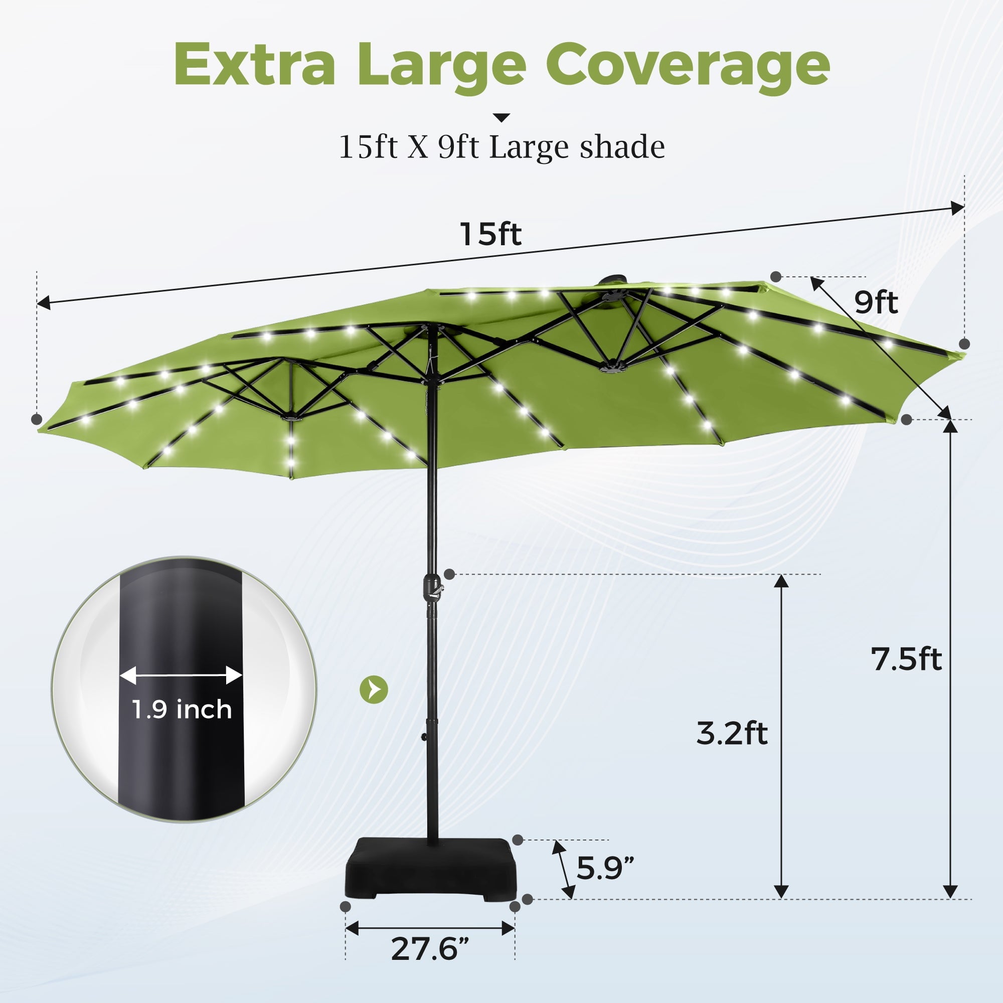 Alpha Joy 15ft Extra Large Outdoor Patio Double-Sided Umbrella with Solar Lights & Umbrella Base