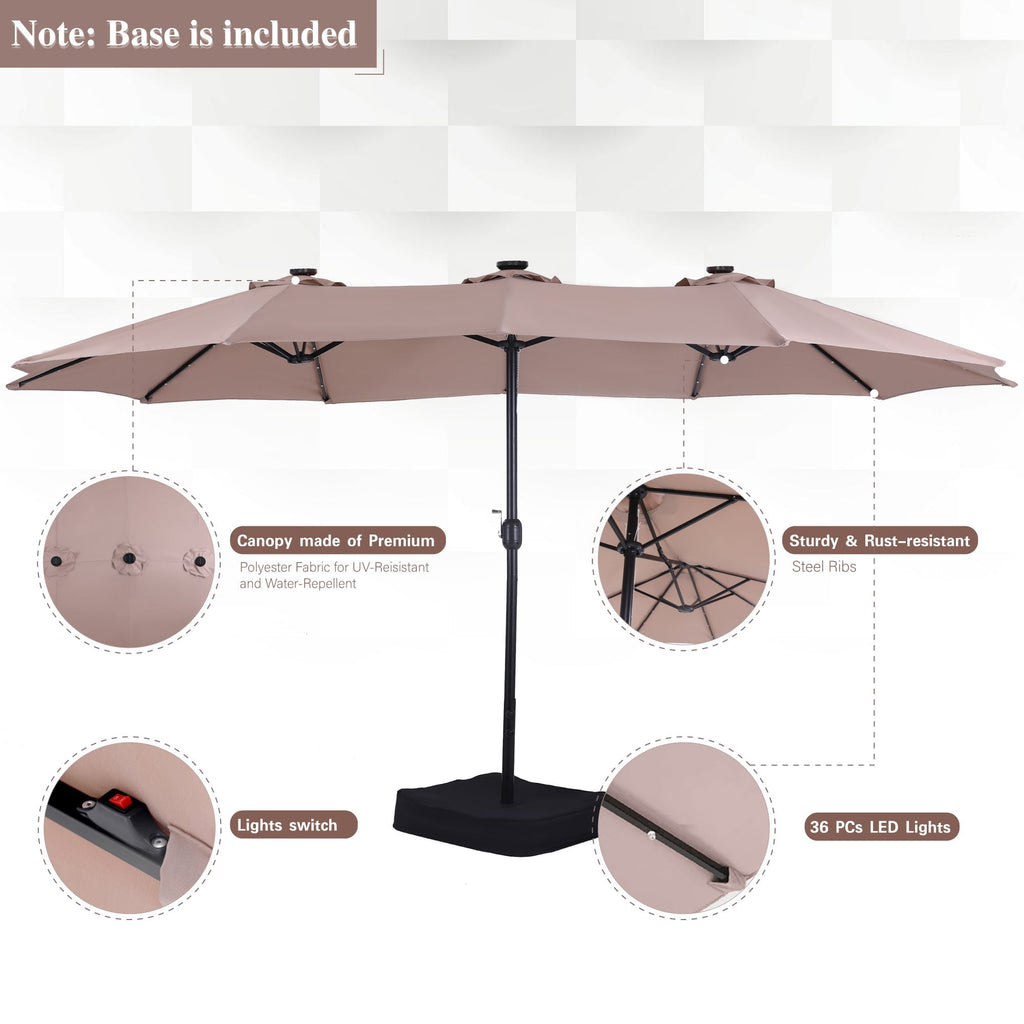 Alpha Joy 15ft Extra Large Outdoor Patio Double-Sided Umbrella with Solar Lights & Umbrella Base