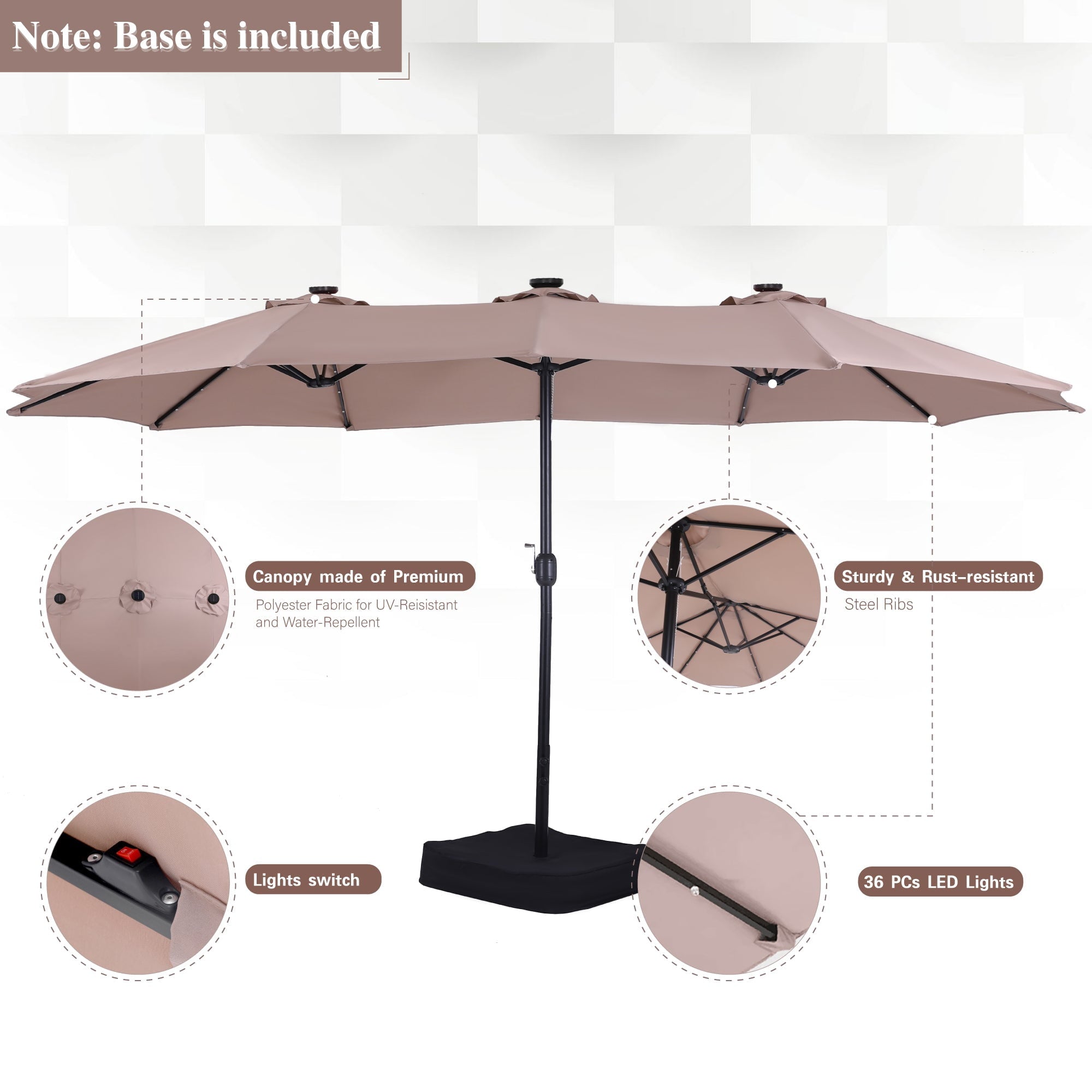 Alpha Joy 15ft Extra Large Outdoor Patio Double-Sided Umbrella with Solar Lights & Umbrella Base