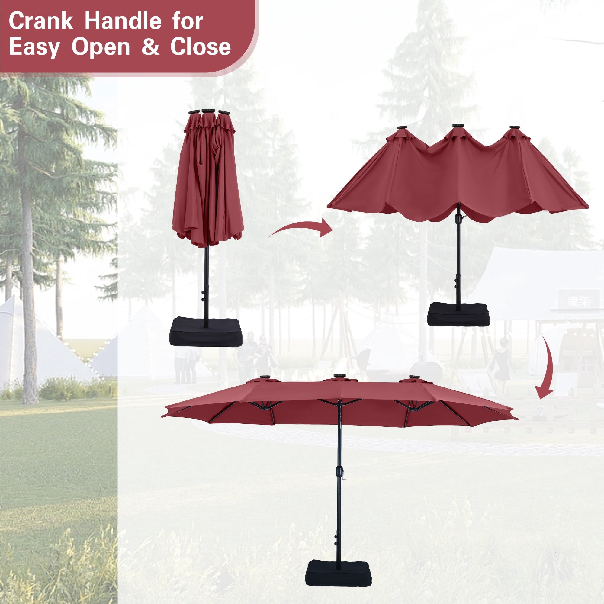 Alpha Joy 15ft Extra Large Outdoor Patio Double-Sided Umbrella with Solar Lights & Umbrella Base