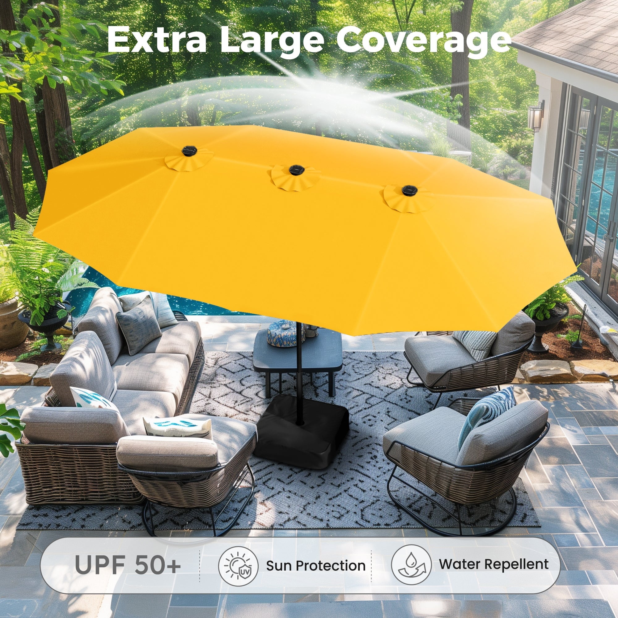 Alpha Joy 15ft Extra Large Outdoor Patio Double-Sided Umbrella with Solar Lights & Umbrella Base