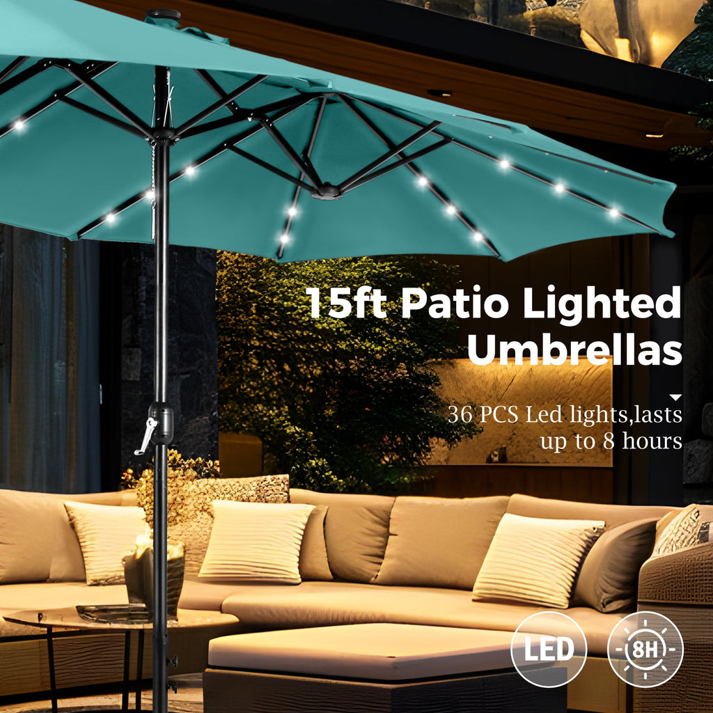 Alpha Joy 15ft Extra Large Outdoor Patio Double-Sided Umbrella with Solar Lights & Umbrella Base