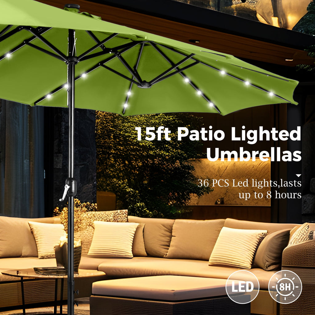 Alpha Joy 15ft Extra Large Outdoor Patio Double-Sided Umbrella with Solar Lights & Umbrella Base