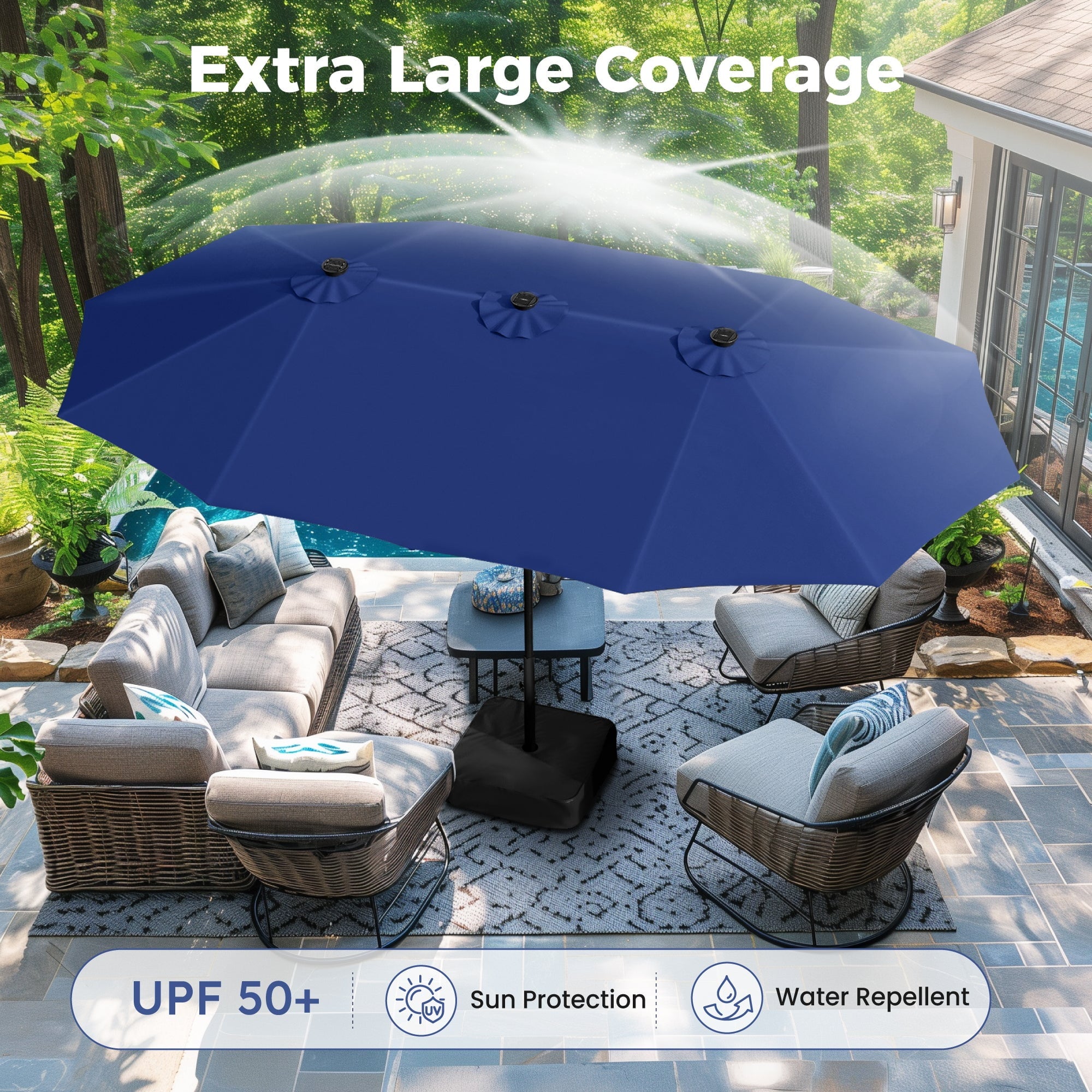 Alpha Joy 15ft Extra Large Outdoor Patio Double-Sided Umbrella with Solar Lights & Umbrella Base
