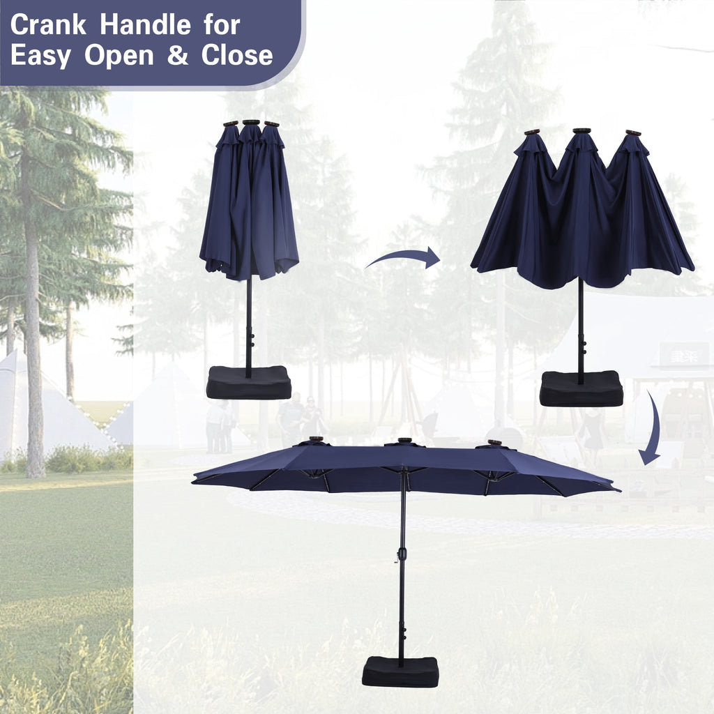 Alpha Joy 15ft Extra Large Outdoor Patio Double-Sided Umbrella with Solar Lights & Umbrella Base