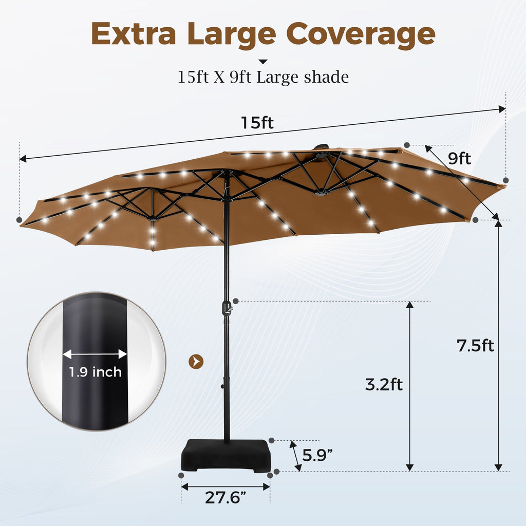 Alpha Joy 15ft Extra Large Outdoor Patio Double-Sided Umbrella with Solar Lights & Umbrella Base
