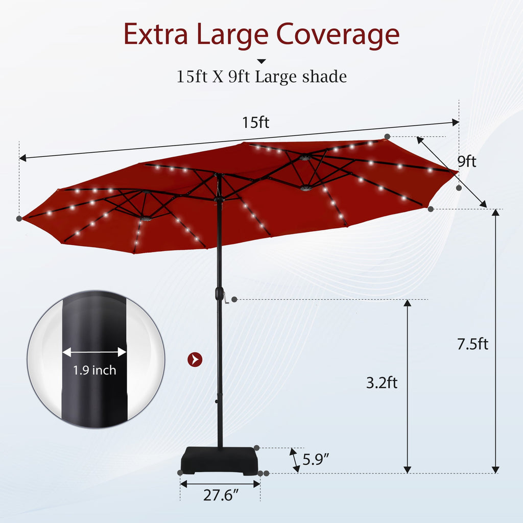 Alpha Joy 15ft Extra Large Outdoor Patio Double-Sided Umbrella with Solar Lights & Umbrella Base