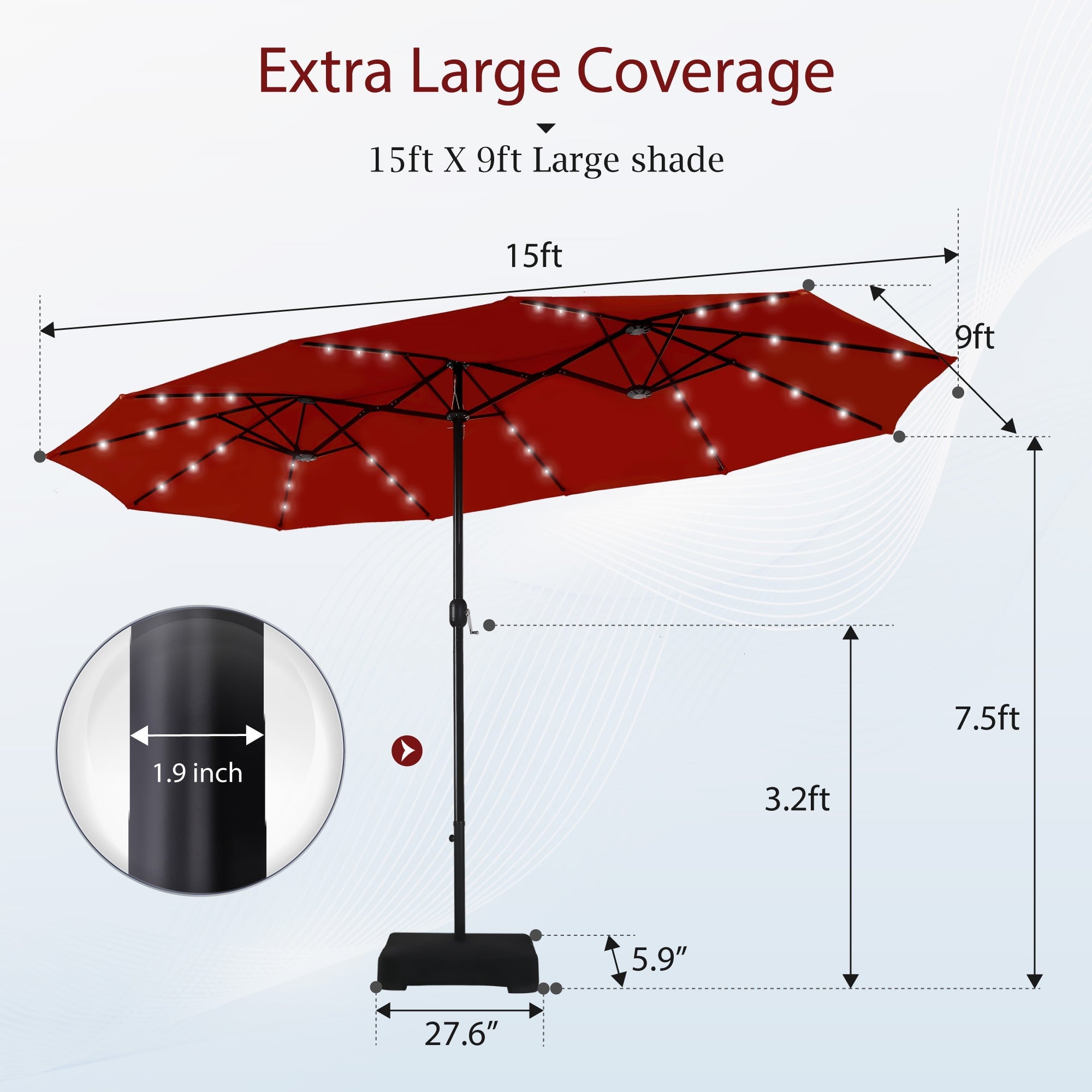 Alpha Joy 15ft Extra Large Outdoor Patio Double-Sided Umbrella with Solar Lights & Umbrella Base