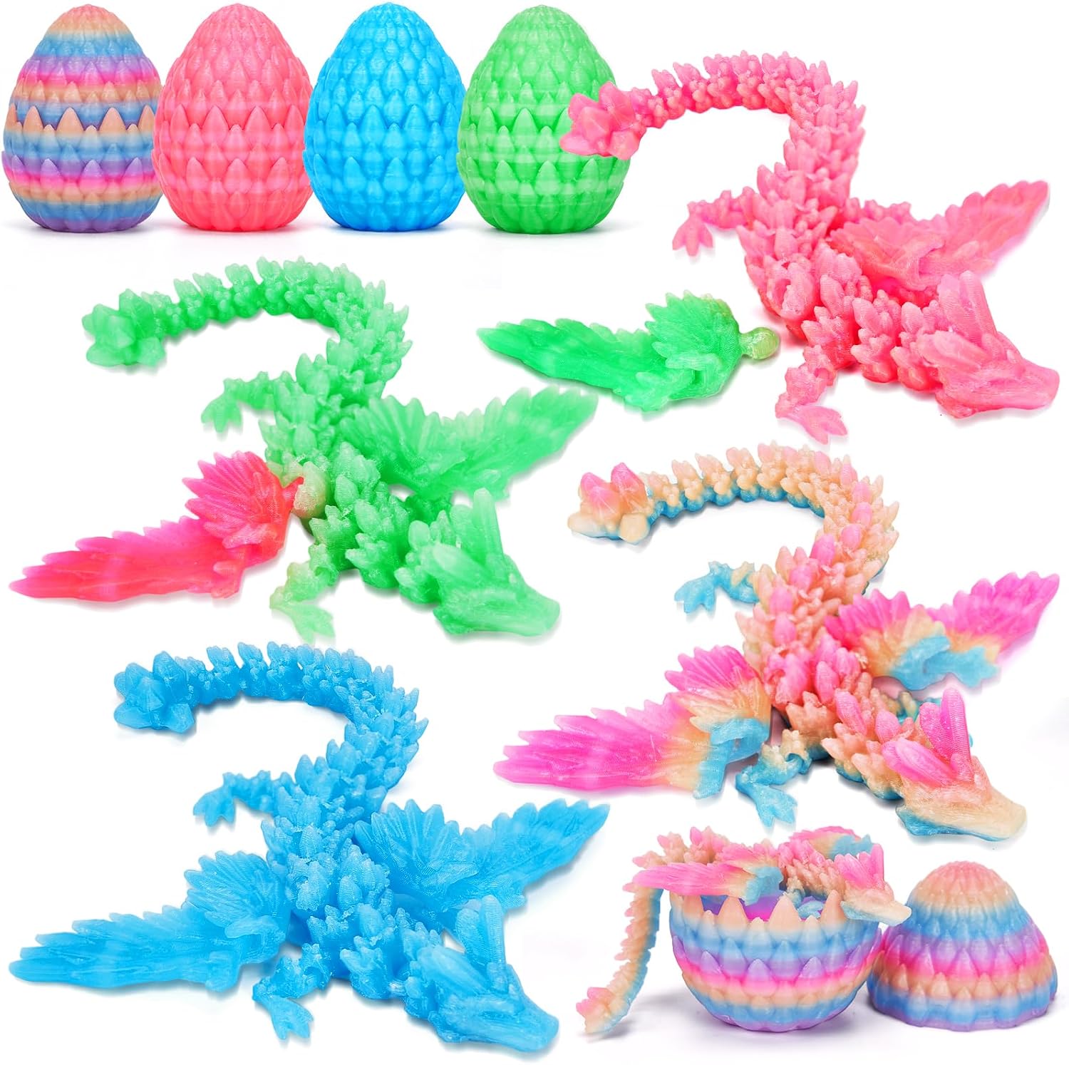 TBOLINE 4PCS 3D Printed Dragon Egg, Articulated Crystal Animals Cool Fidget Toys, Small 3D Printer Dinosaur Eggs Party Favors Toy Classroom Prizes for Kids Boy Girls 5-7 8-12