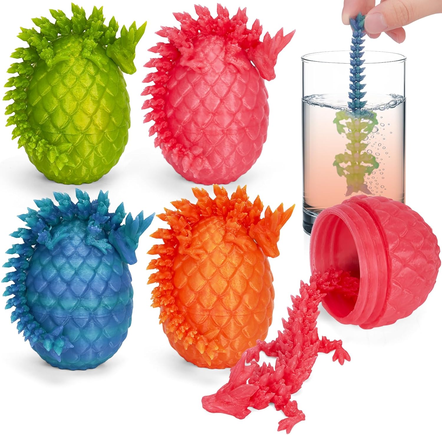 TBOLINE 4PCS 3D Printed Dragon Egg, Articulated Crystal Animals Cool Fidget Toys, Small 3D Printer Dinosaur Eggs Party Favors Toy Classroom Prizes for Kids Boy Girls 5-7 8-12