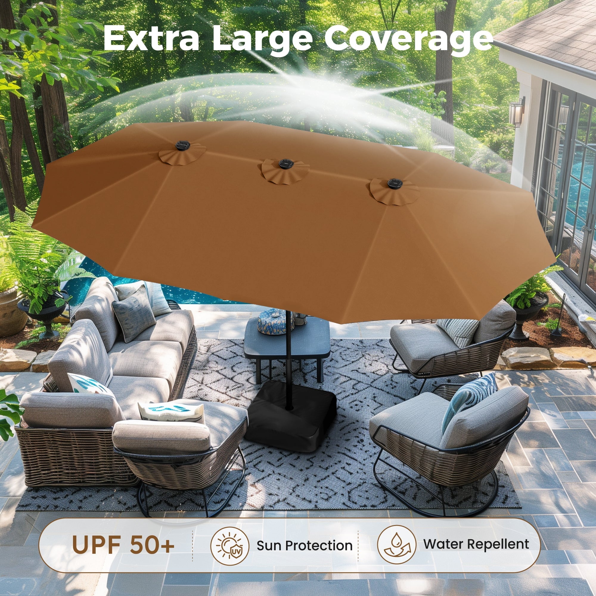 Alpha Joy 15ft Extra Large Outdoor Patio Double-Sided Umbrella with Solar Lights & Umbrella Base
