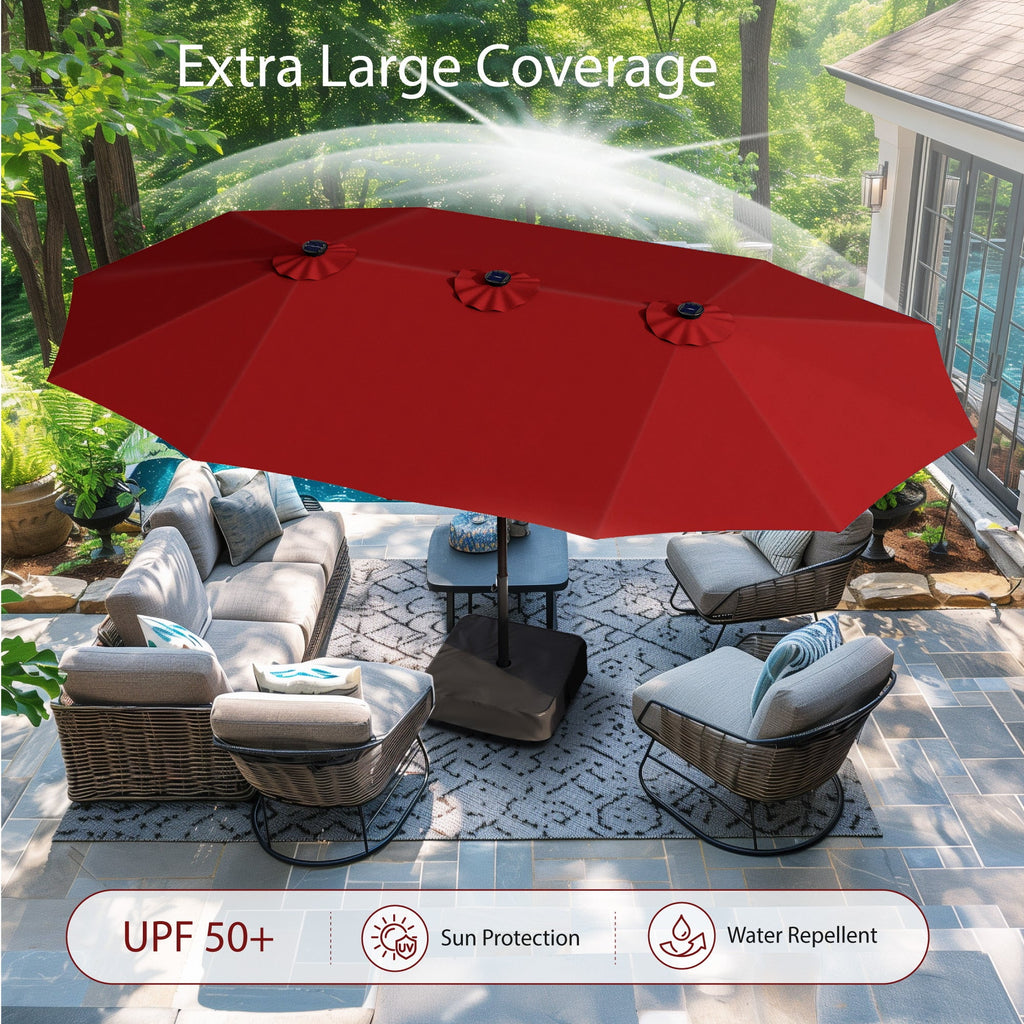 Alpha Joy 15ft Extra Large Outdoor Patio Double-Sided Umbrella with Solar Lights & Umbrella Base