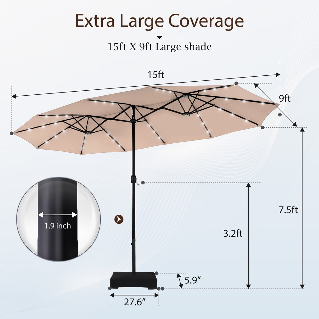Alpha Joy 15ft Extra Large Outdoor Patio Double-Sided Umbrella with Solar Lights & Umbrella Base