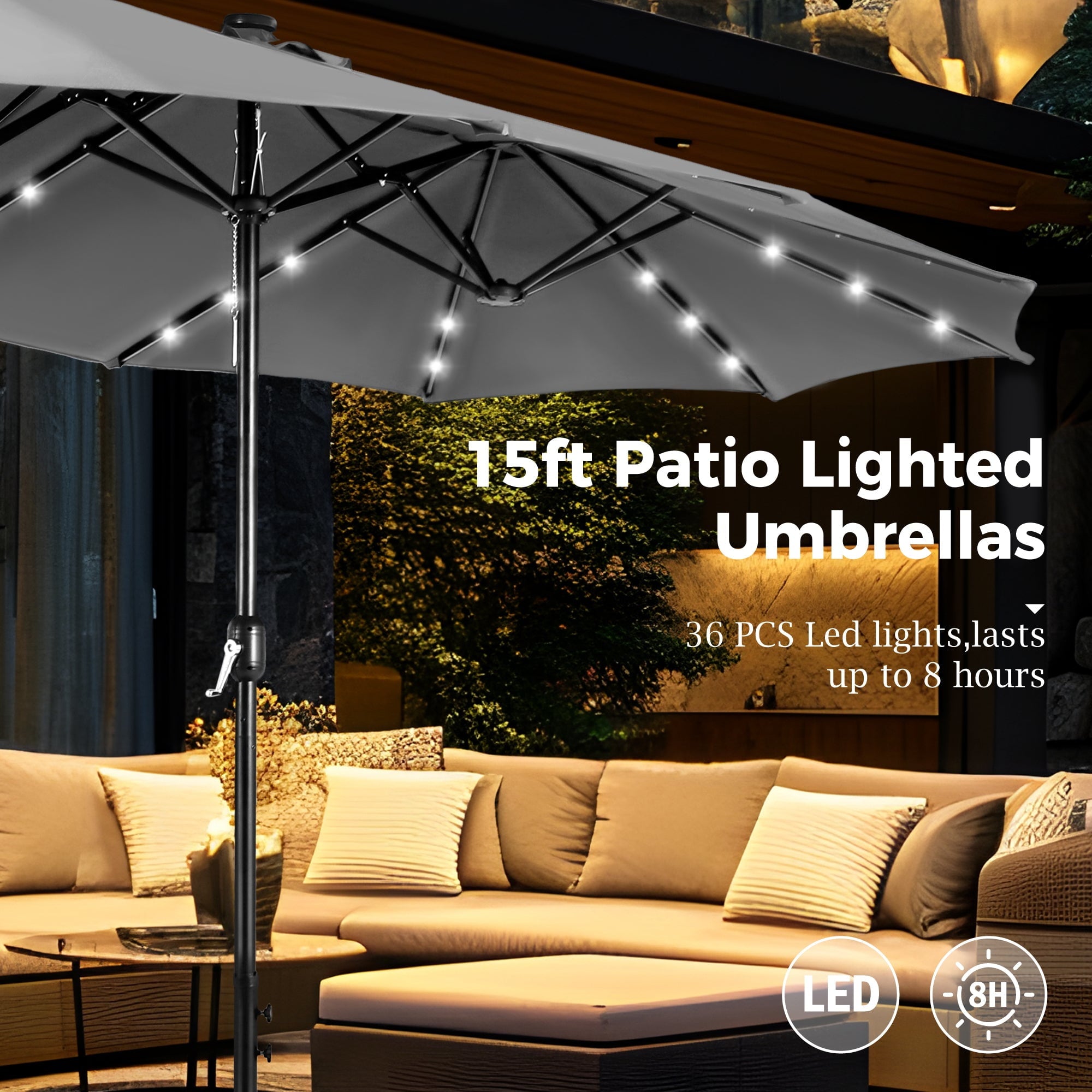 Alpha Joy 15ft Extra Large Outdoor Patio Double-Sided Umbrella with Solar Lights & Umbrella Base