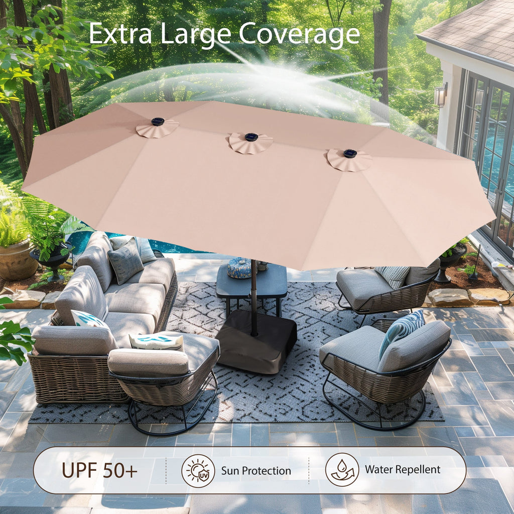 Alpha Joy 15ft Extra Large Outdoor Patio Double-Sided Umbrella with Solar Lights & Umbrella Base