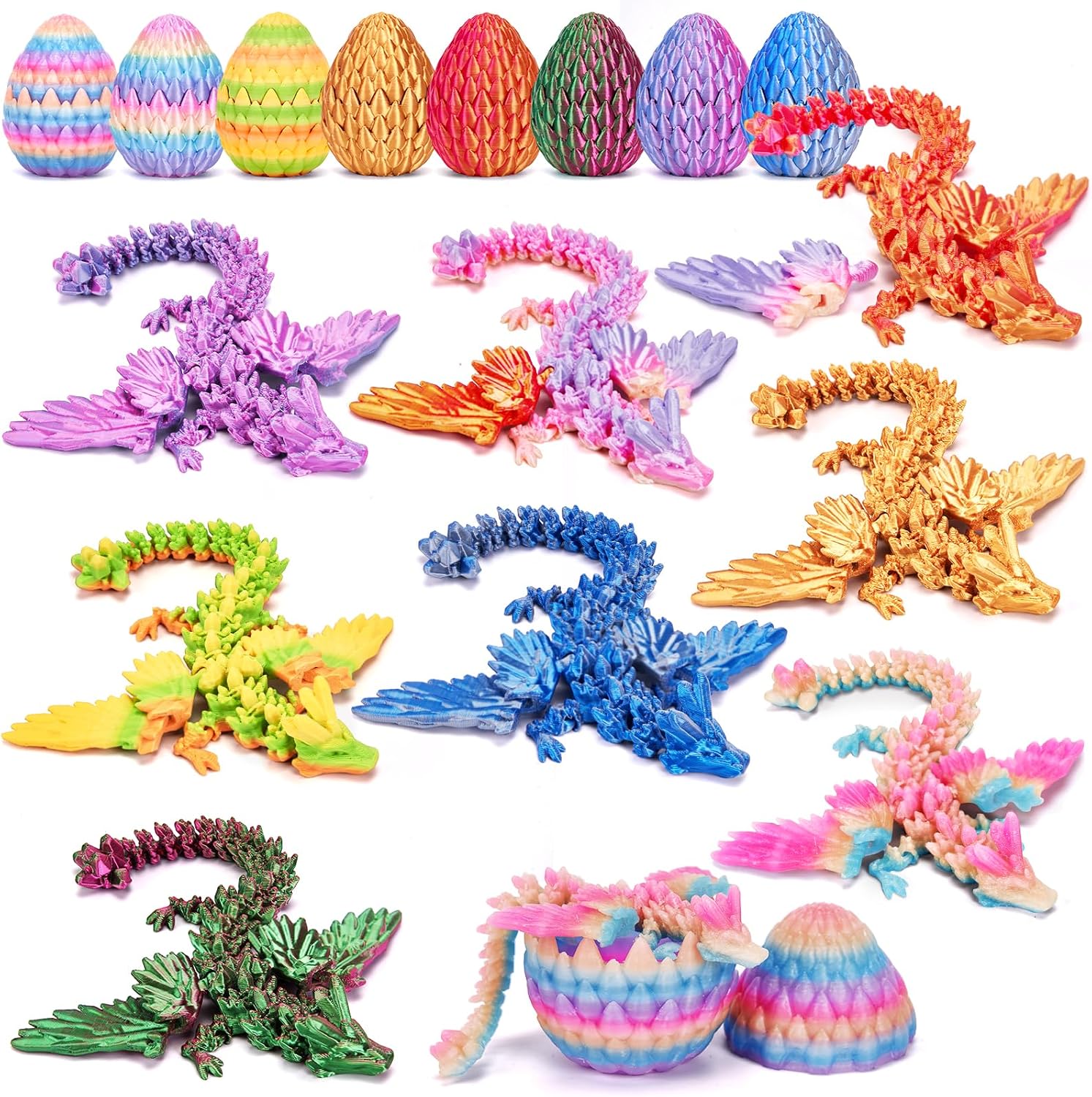 TBOLINE 4PCS 3D Printed Dragon Egg, Articulated Crystal Animals Cool Fidget Toys, Small 3D Printer Dinosaur Eggs Party Favors Toy Classroom Prizes for Kids Boy Girls 5-7 8-12