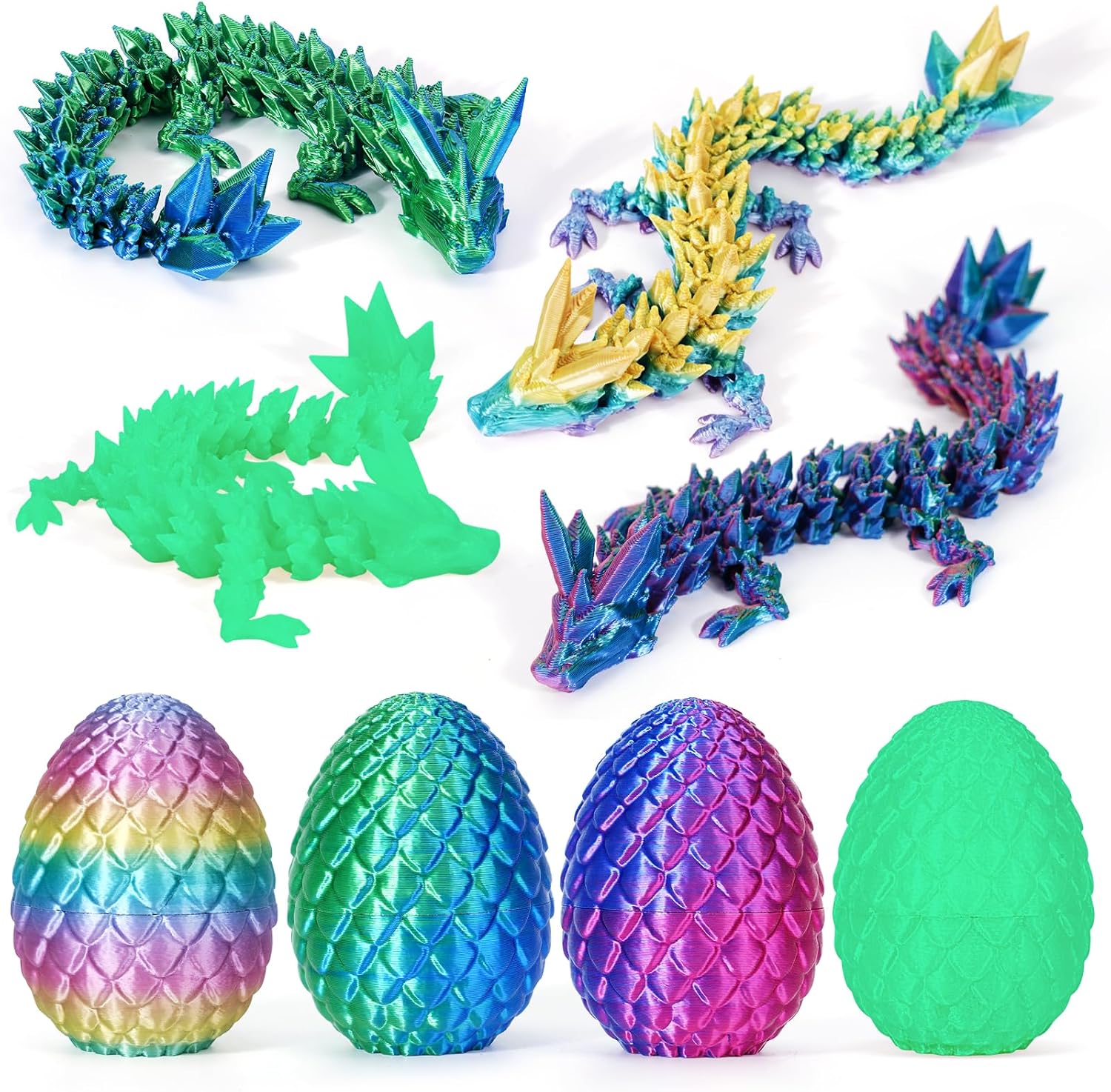 TBOLINE 4PCS 3D Printed Dragon Egg, Articulated Crystal Animals Cool Fidget Toys, Small 3D Printer Dinosaur Eggs Party Favors Toy Classroom Prizes for Kids Boy Girls 5-7 8-12