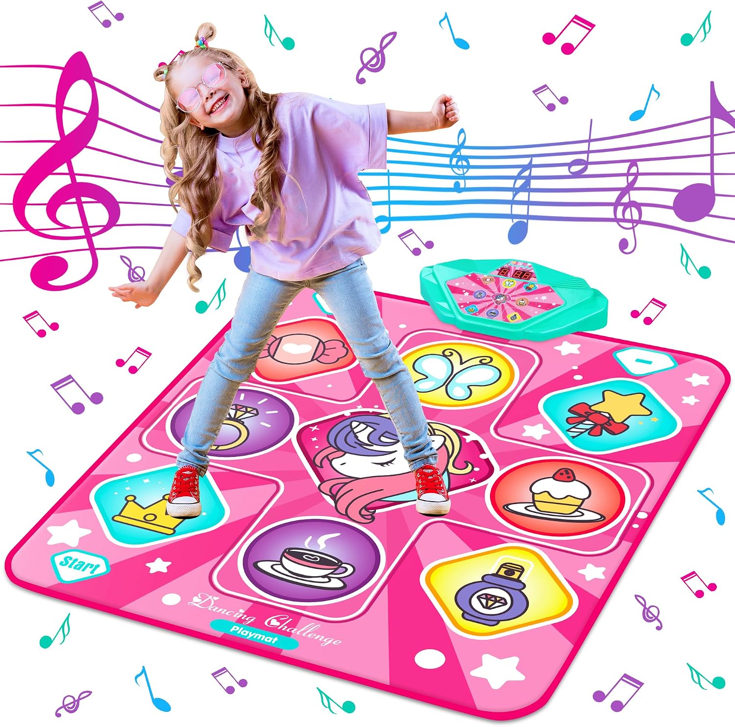 Dance Mat, Dance Mixer Rhythm Step Play Mat, Pink Dance Pad with LED Lights, Adjustable Volume, Built-in Music, 5 Game Modes, Xmas Birthday Gifts for 3-10 Years Girls Toys (Multicolor)