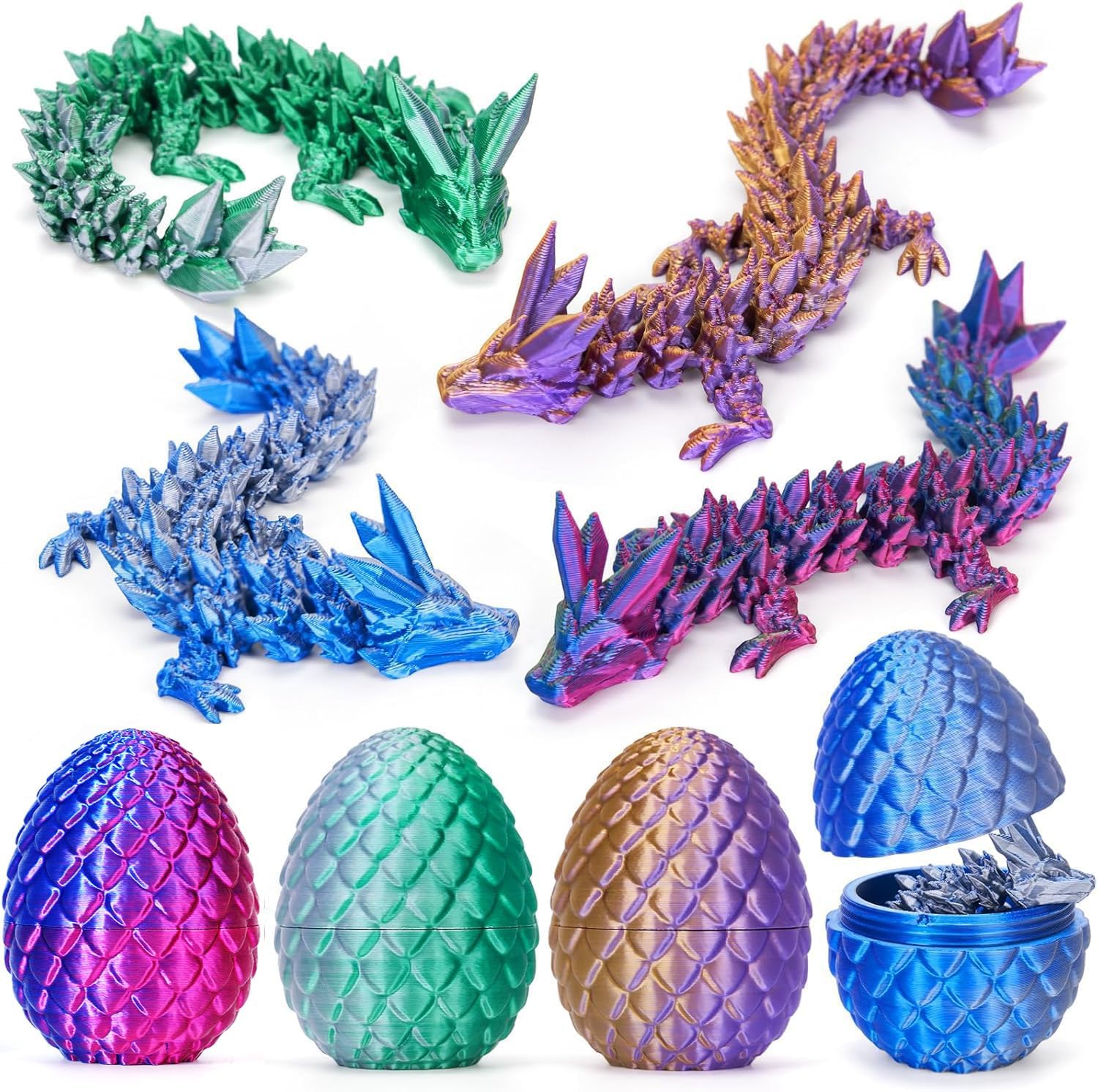 TBOLINE 4PCS 3D Printed Dragon Egg, Articulated Crystal Animals Cool Fidget Toys, Small 3D Printer Dinosaur Eggs Party Favors Toy Classroom Prizes for Kids Boy Girls 5-7 8-12