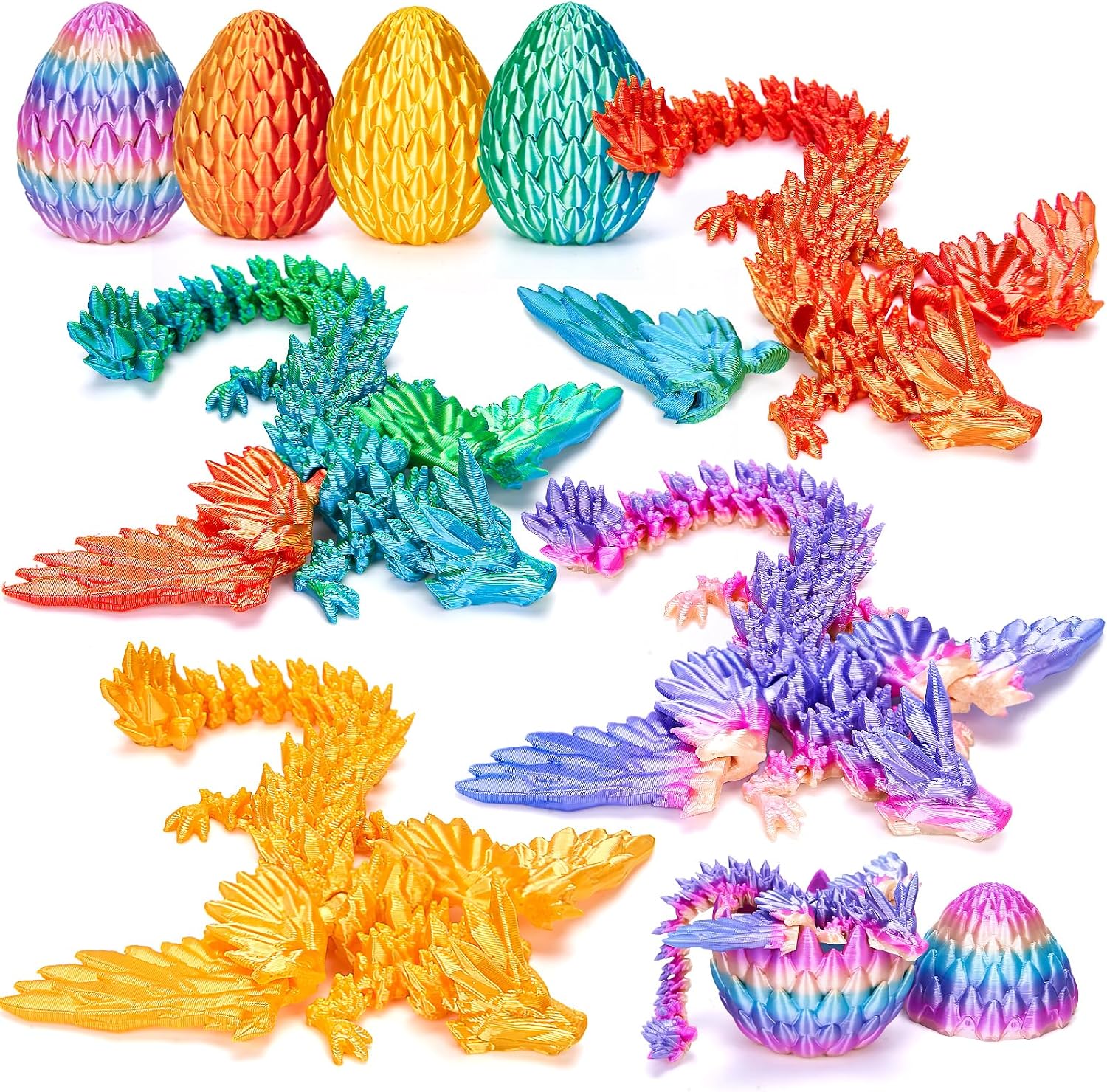TBOLINE 4PCS 3D Printed Dragon Egg, Articulated Crystal Animals Cool Fidget Toys, Small 3D Printer Dinosaur Eggs Party Favors Toy Classroom Prizes for Kids Boy Girls 5-7 8-12