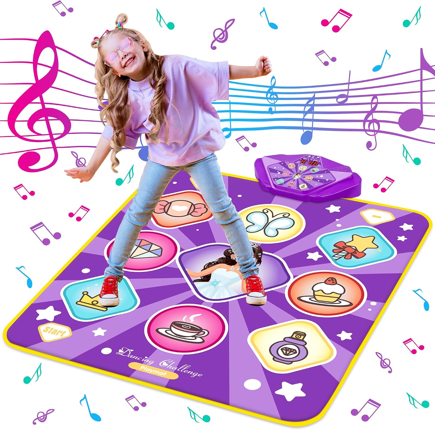 Dance Mat, Dance Mixer Rhythm Step Play Mat, Pink Dance Pad with LED Lights, Adjustable Volume, Built-in Music, 5 Game Modes, Xmas Birthday Gifts for 3-10 Years Girls Toys (Multicolor)