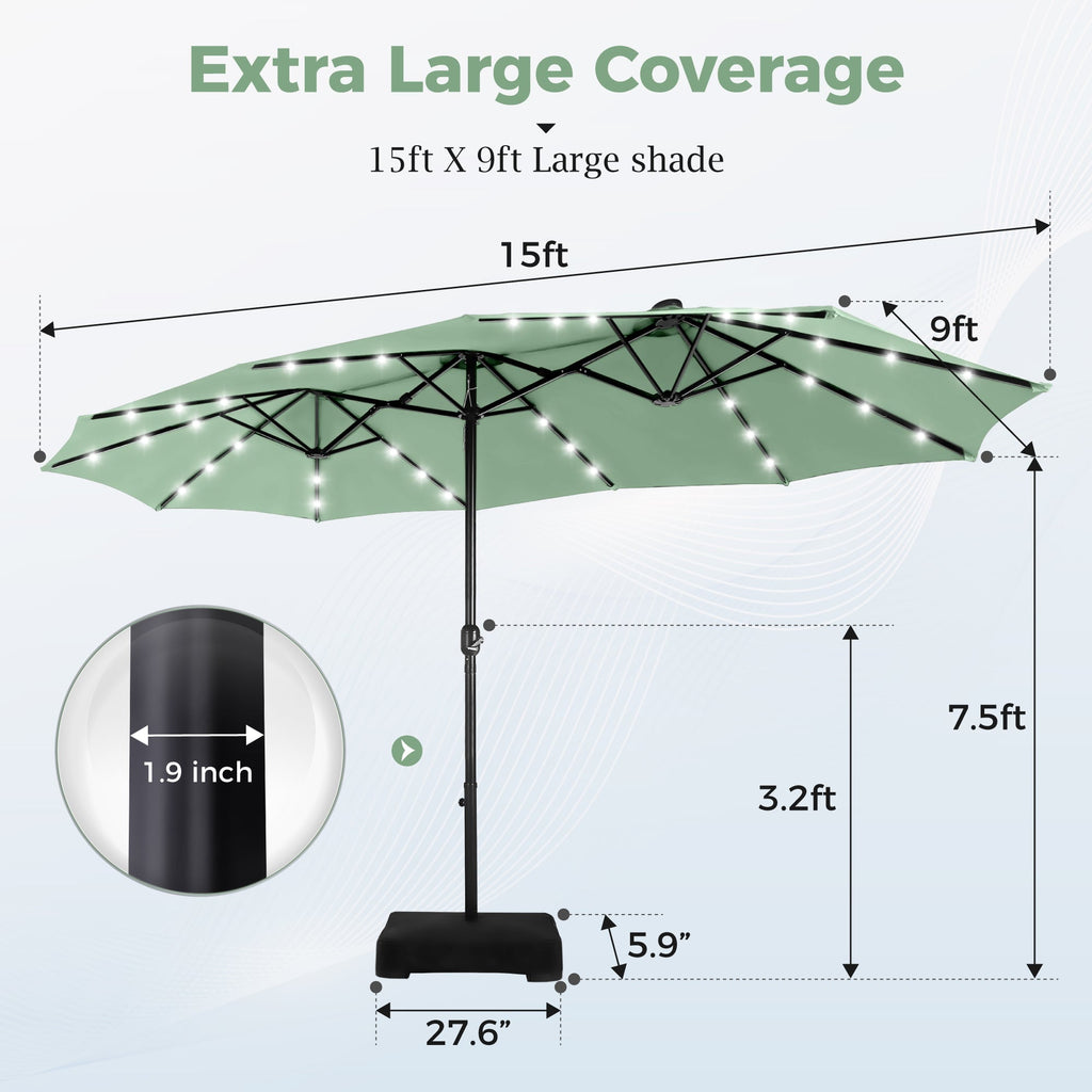 Alpha Joy 15ft Extra Large Outdoor Patio Double-Sided Umbrella with Solar Lights & Umbrella Base