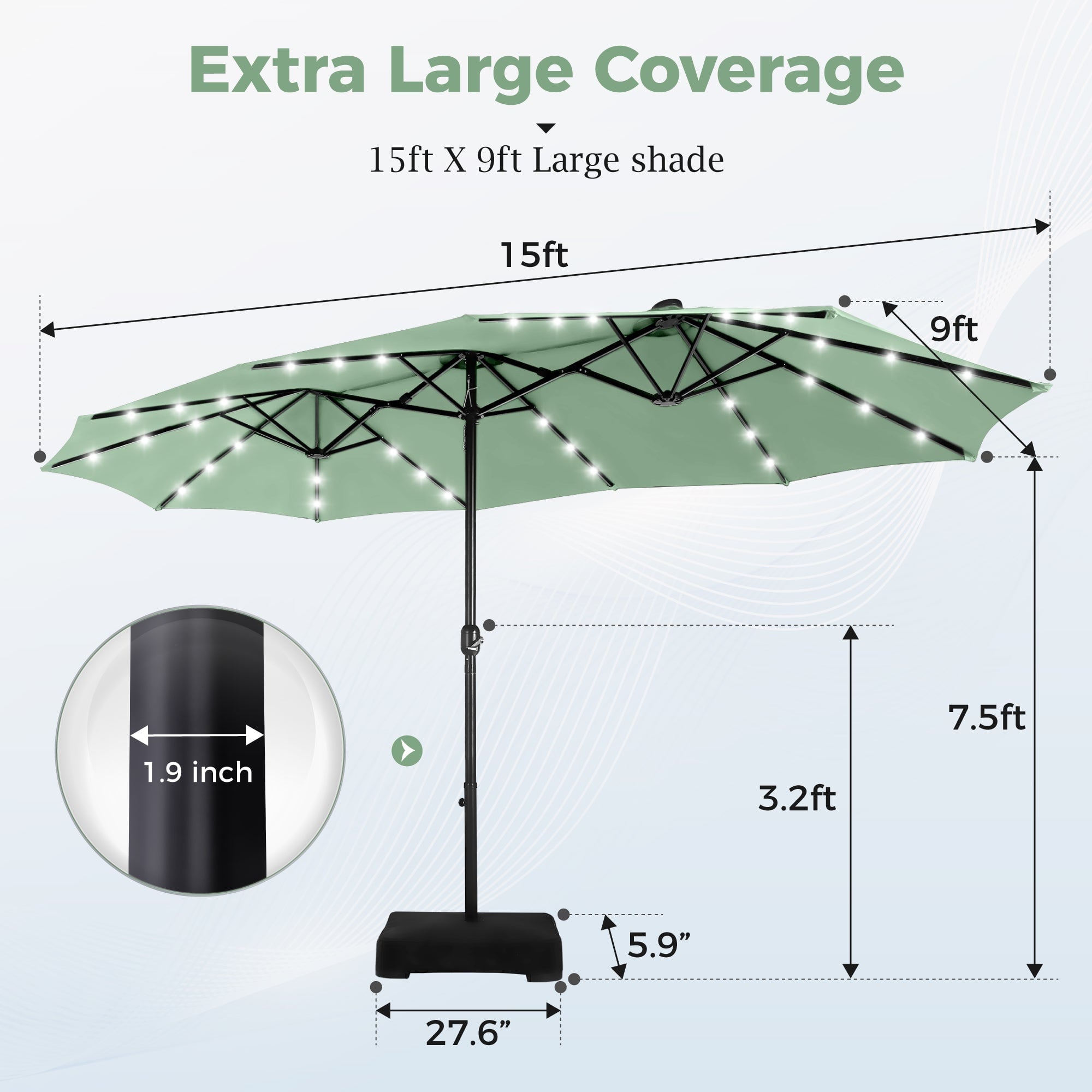 Alpha Joy 15ft Extra Large Outdoor Patio Double-Sided Umbrella with Solar Lights & Umbrella Base