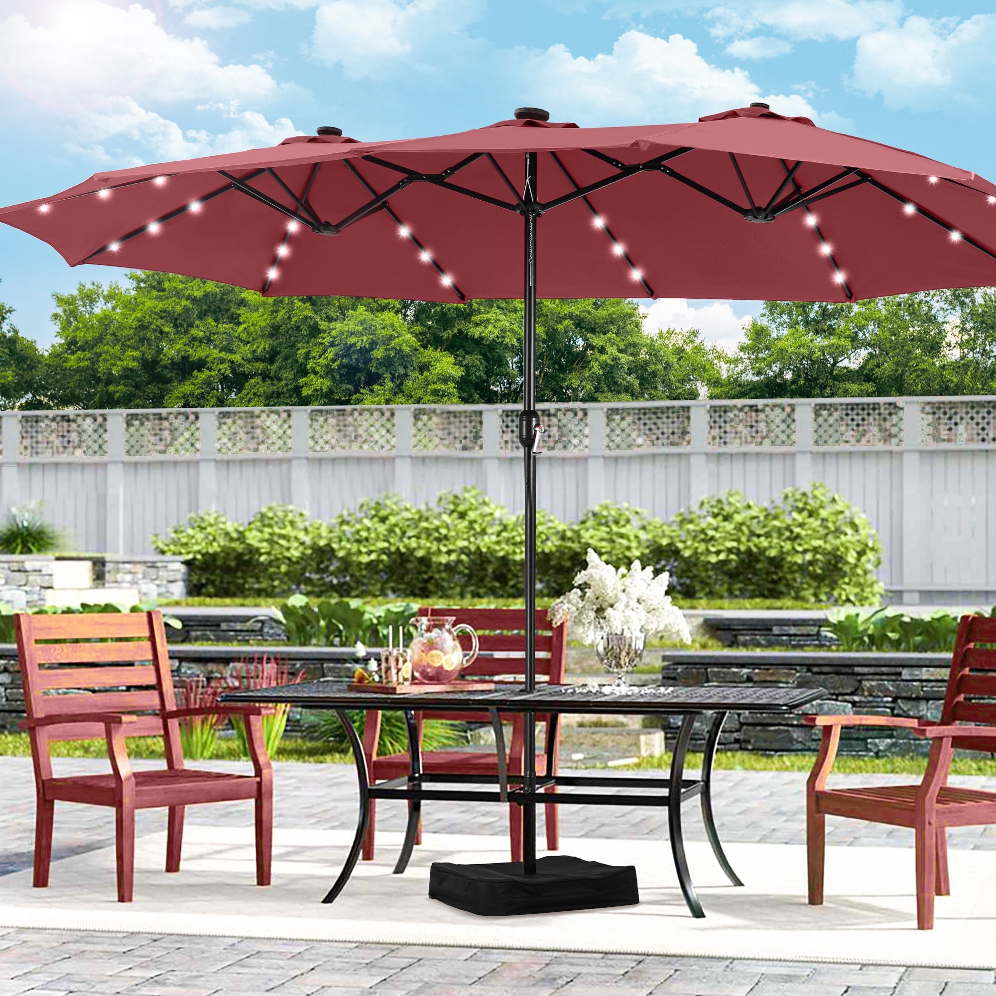 Alpha Joy 15ft Extra Large Outdoor Patio Double-Sided Umbrella with Solar Lights & Umbrella Base