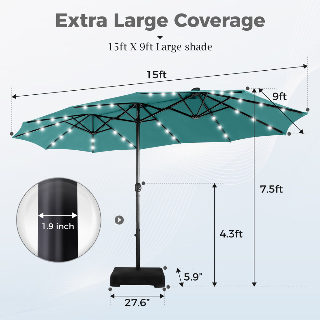 Alpha Joy 15ft Extra Large Outdoor Patio Double-Sided Umbrella with Solar Lights & Umbrella Base