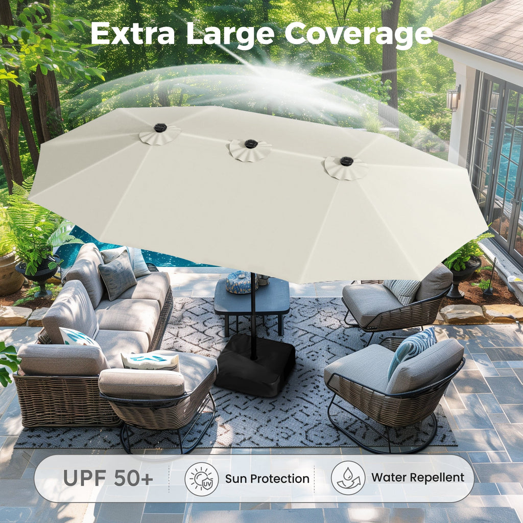 Alpha Joy 15ft Extra Large Outdoor Patio Double-Sided Umbrella with Solar Lights & Umbrella Base