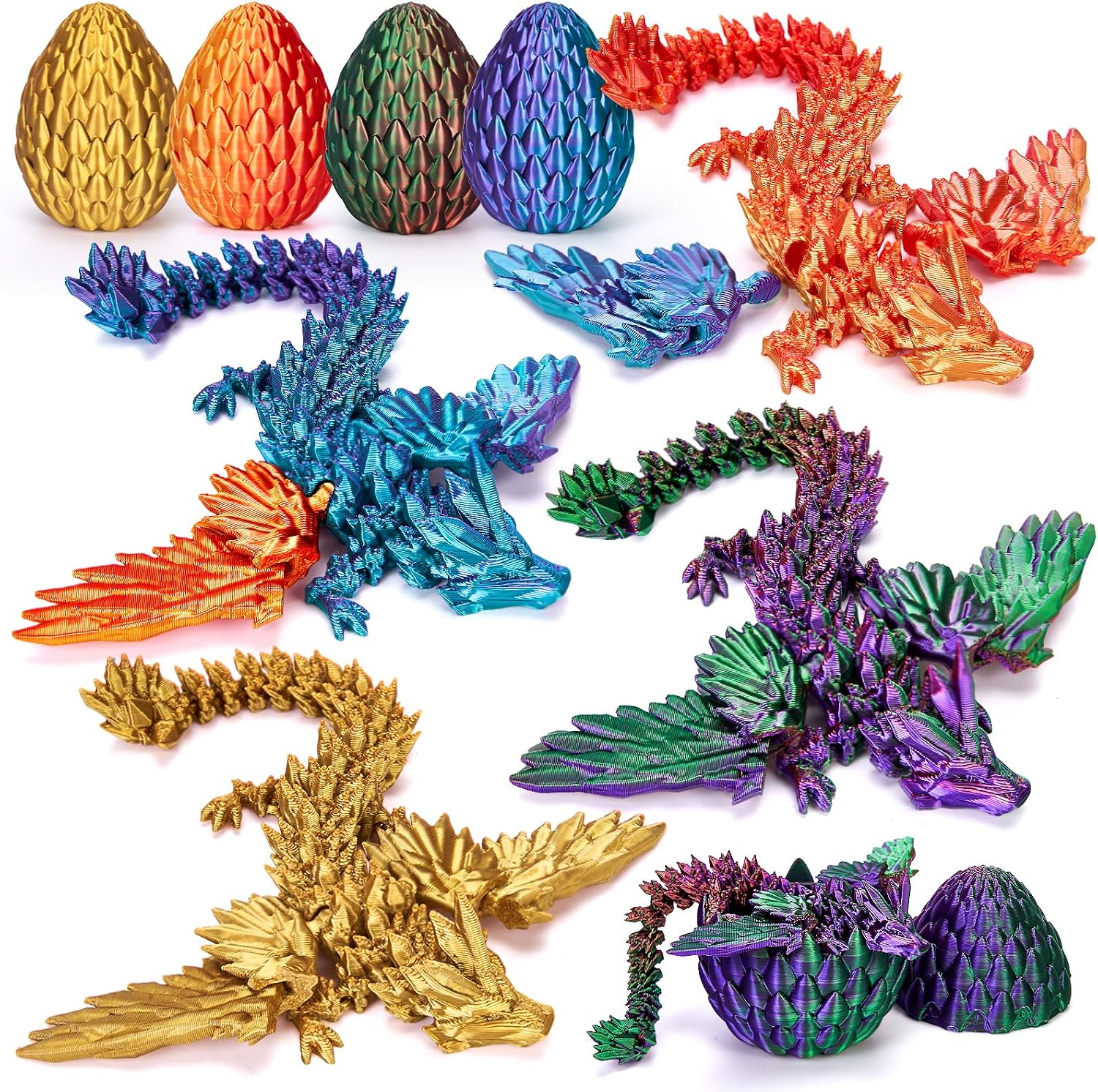 TBOLINE 4PCS 3D Printed Dragon Egg, Articulated Crystal Animals Cool Fidget Toys, Small 3D Printer Dinosaur Eggs Party Favors Toy Classroom Prizes for Kids Boy Girls 5-7 8-12
