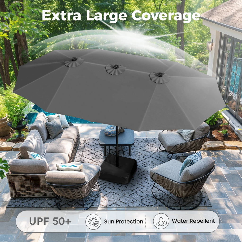 Alpha Joy 15ft Extra Large Outdoor Patio Double-Sided Umbrella with Solar Lights & Umbrella Base