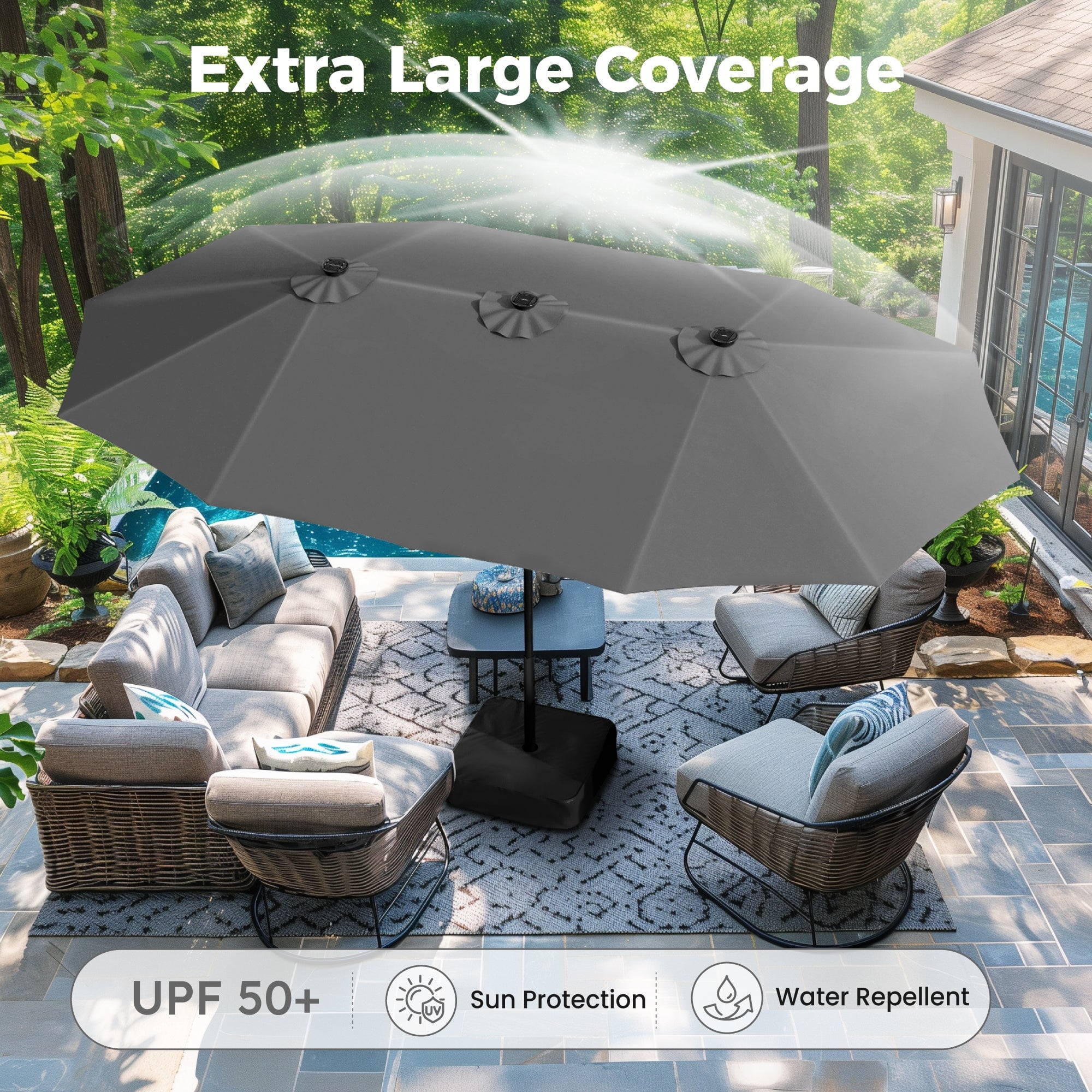 Alpha Joy 15ft Extra Large Outdoor Patio Double-Sided Umbrella with Solar Lights & Umbrella Base