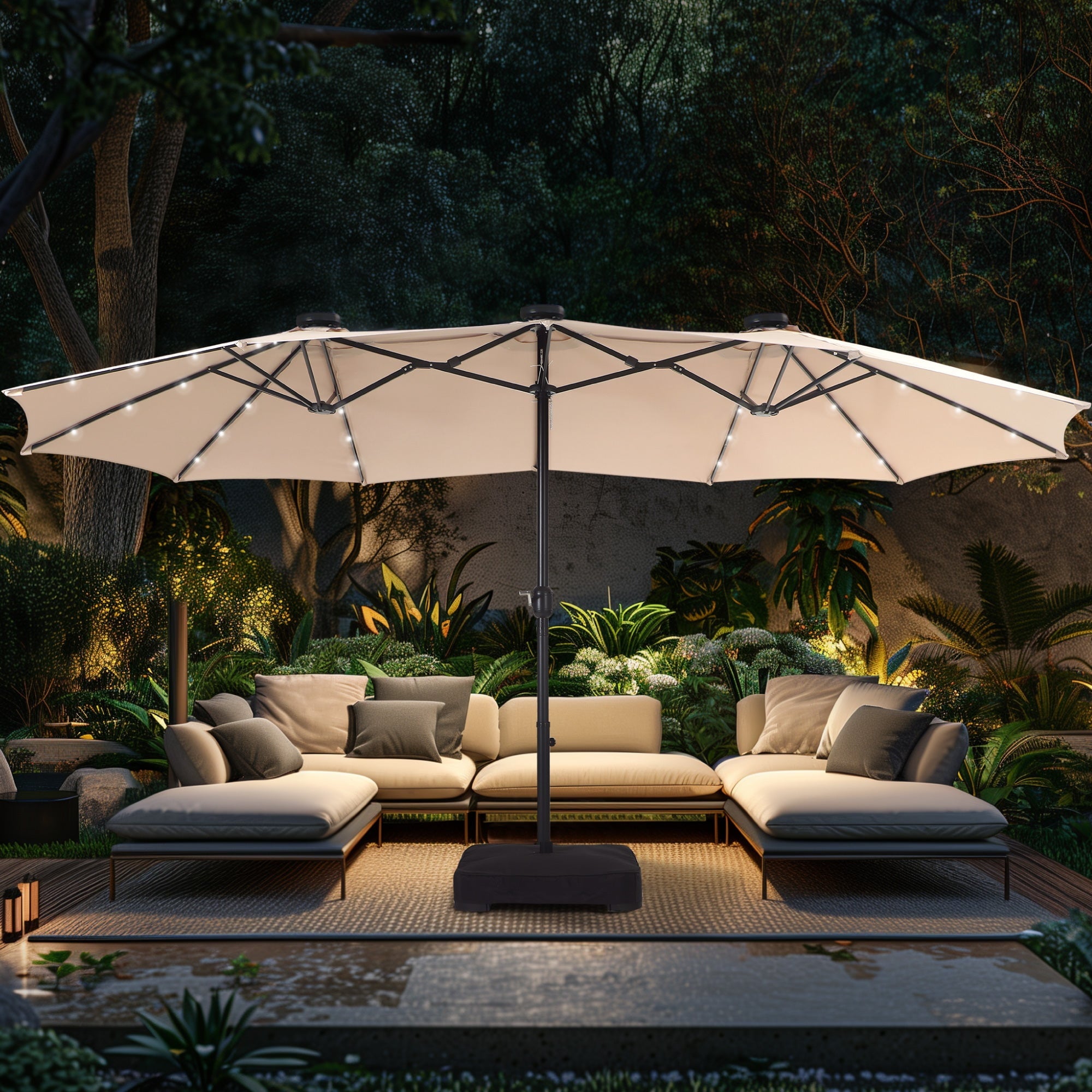 Alpha Joy 15ft Extra Large Outdoor Patio Double-Sided Umbrella with Solar Lights & Umbrella Base