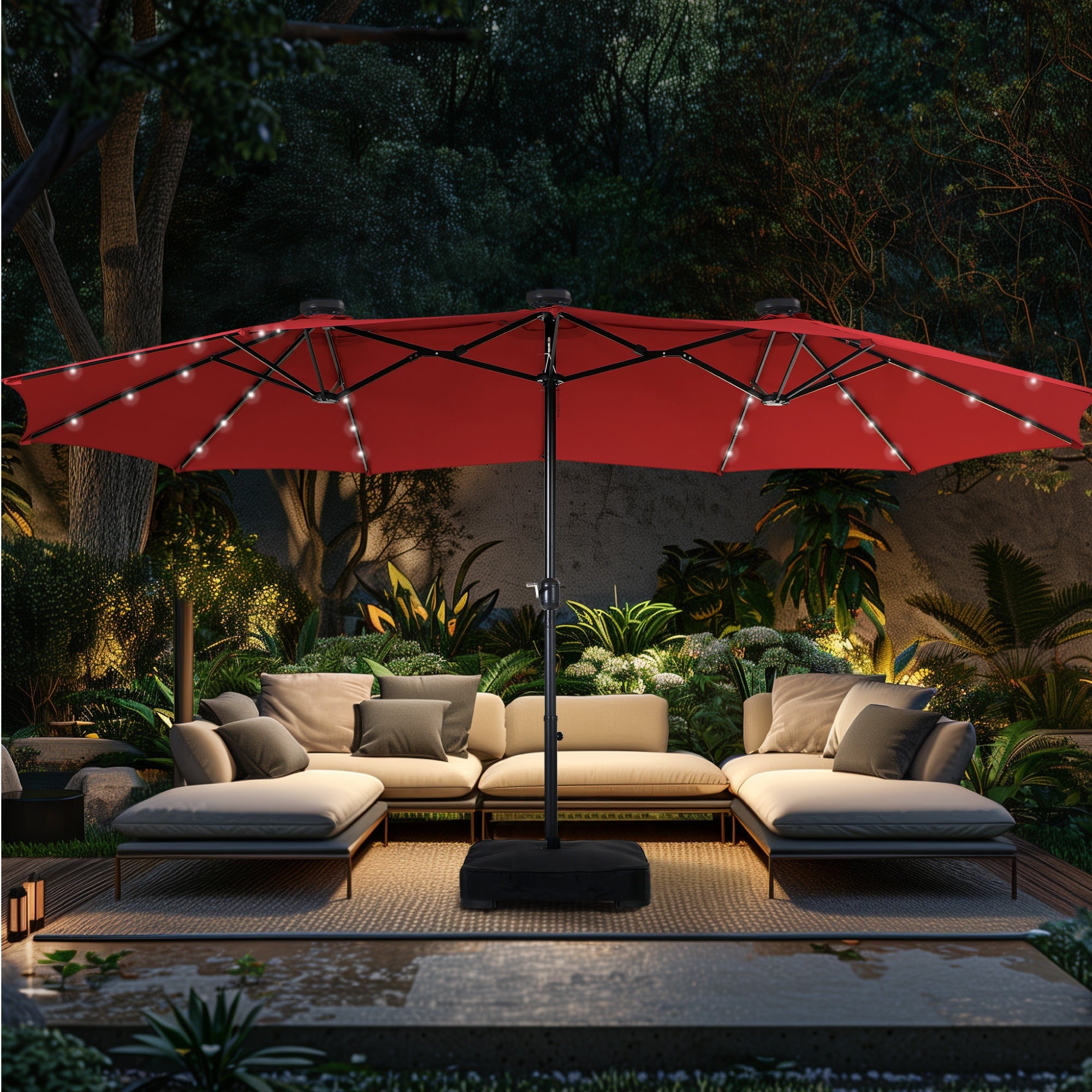 Alpha Joy 15ft Extra Large Outdoor Patio Double-Sided Umbrella with Solar Lights & Umbrella Base