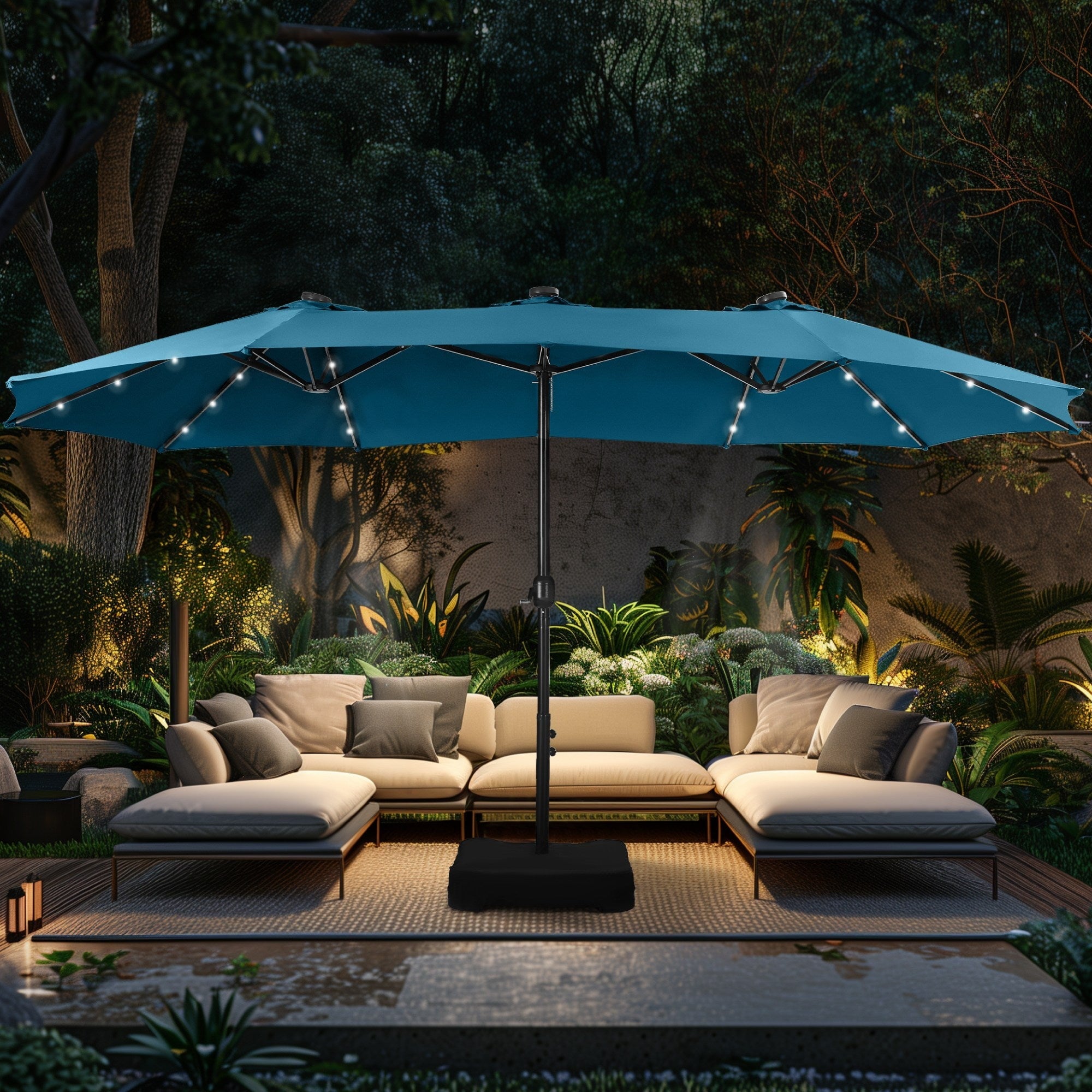 Alpha Joy 15ft Extra Large Outdoor Patio Double-Sided Umbrella with Solar Lights & Umbrella Base