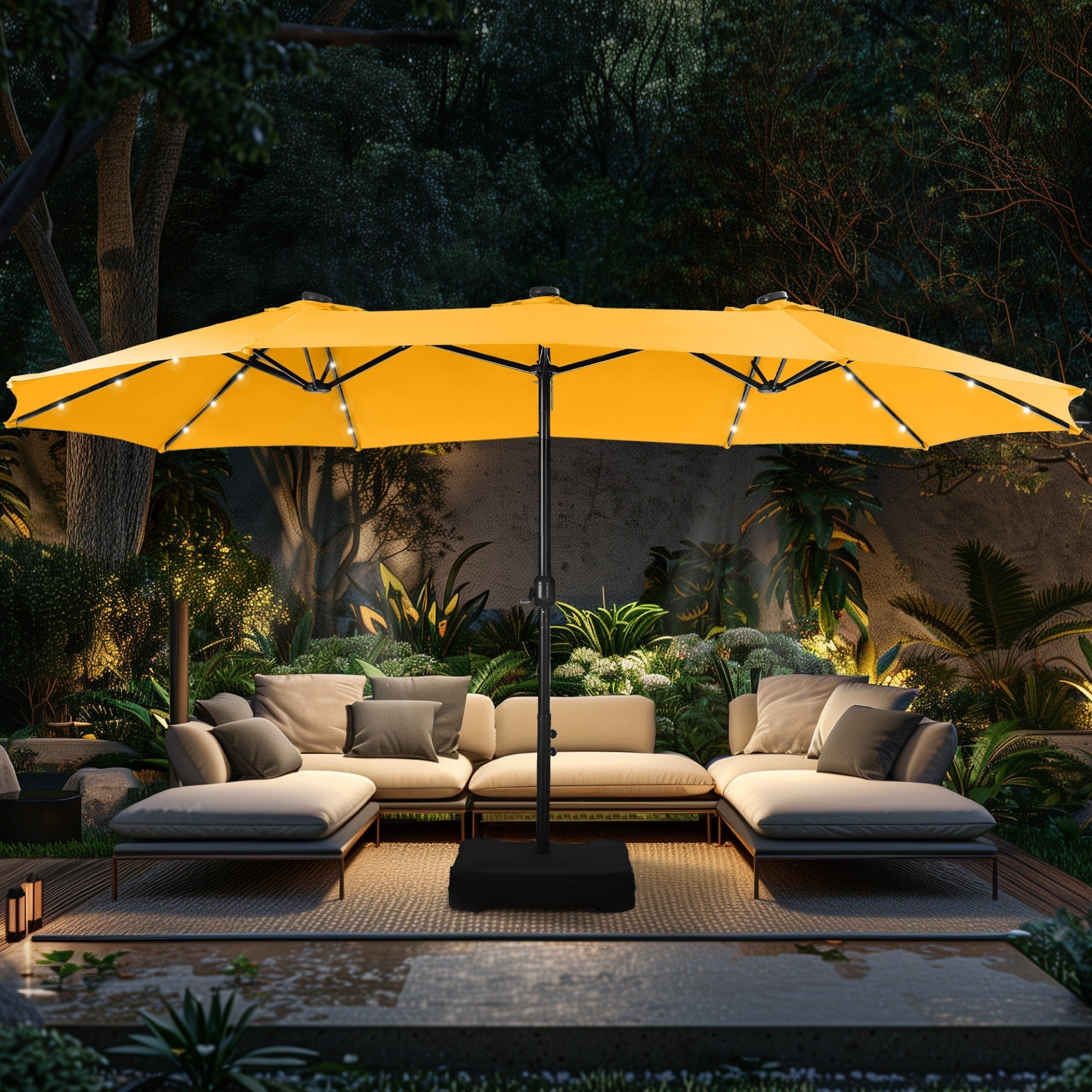 Alpha Joy 15ft Extra Large Outdoor Patio Double-Sided Umbrella with Solar Lights & Umbrella Base